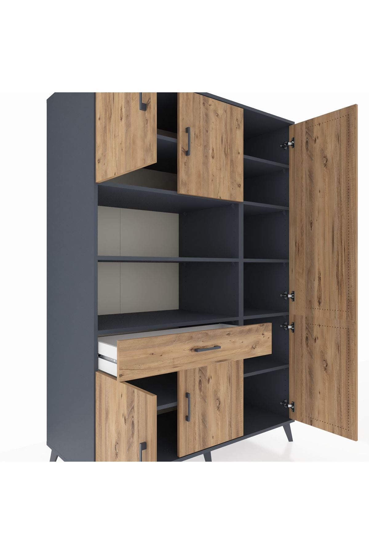 Kronos Dolap 10 Raflı Tek Çekmeceli 6 Kapaklı 132x59x195 Antrasit-Çam/Çam