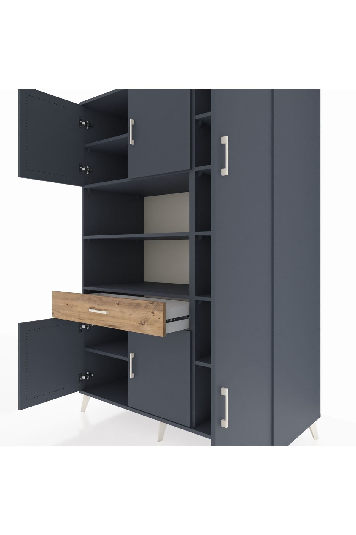 Kronos Dolap 10 Raflı Tek Çekmeceli 6 Kapaklı 132x59x195 Antrasit-Antrasit/Çam