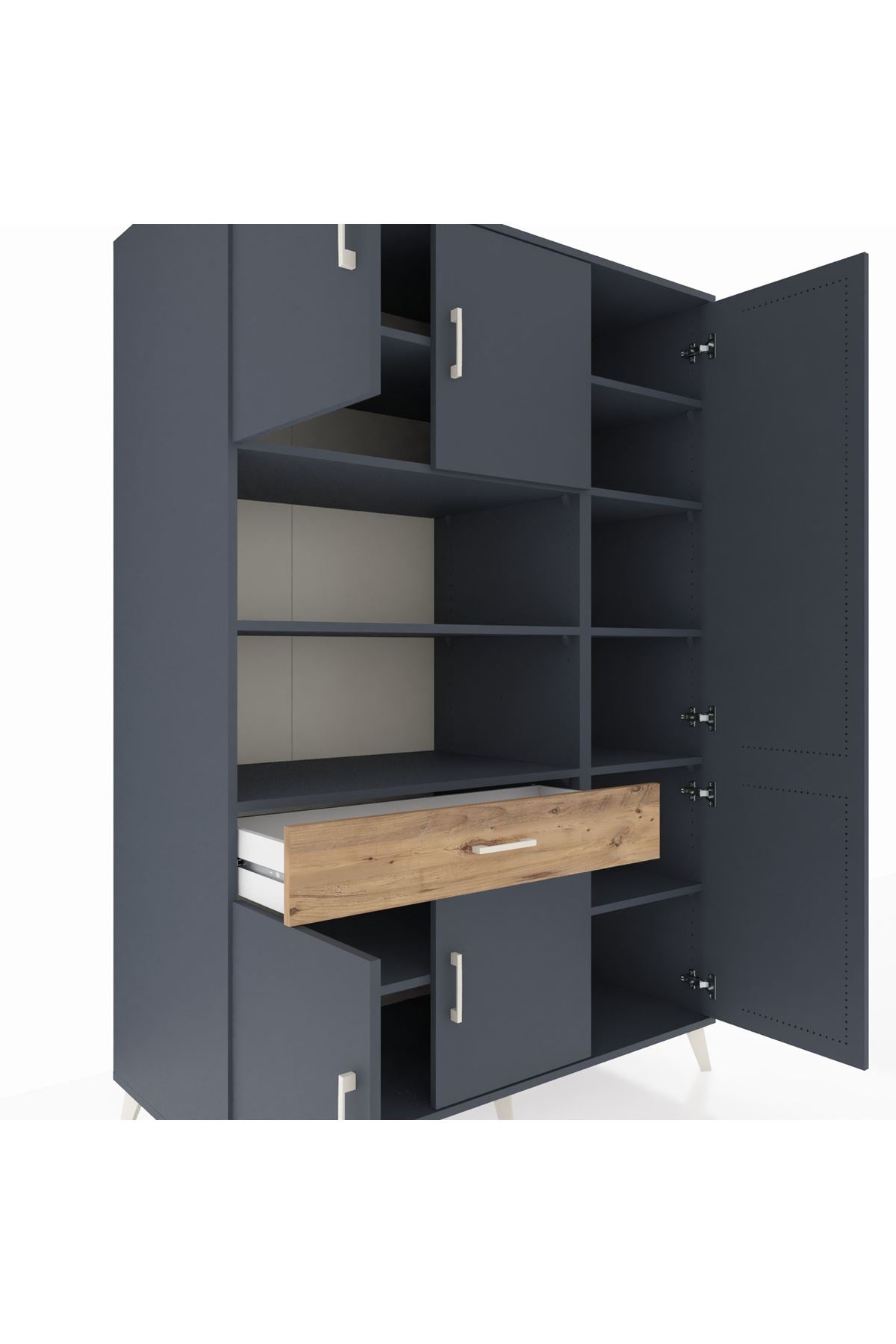 Kronos Dolap 10 Raflı Tek Çekmeceli 6 Kapaklı 132x59x195 Antrasit-Antrasit/Çam