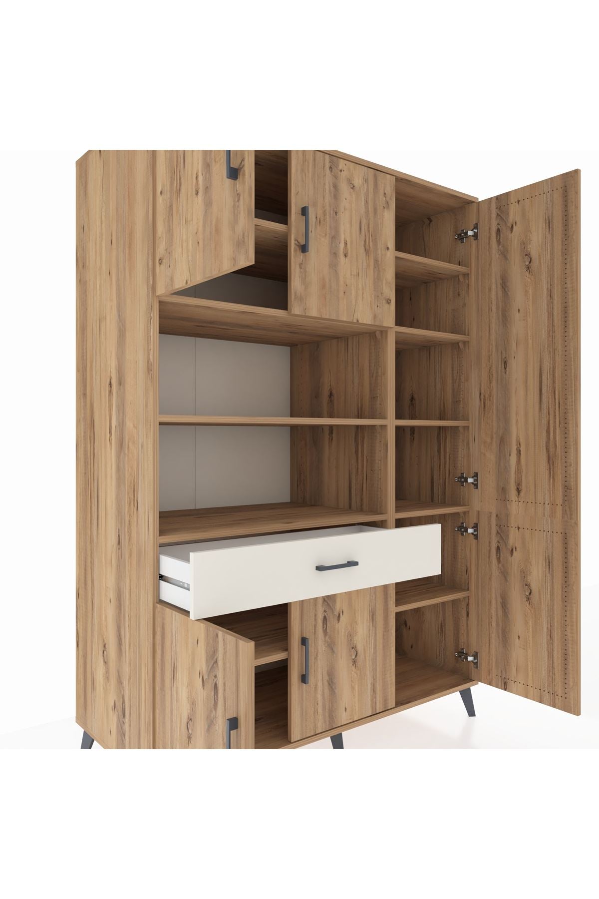 Kronos Dolap 10 Raflı Tek Çekmeceli 6 Kapaklı 132x59x195 Çam-Çam/Aytaşı