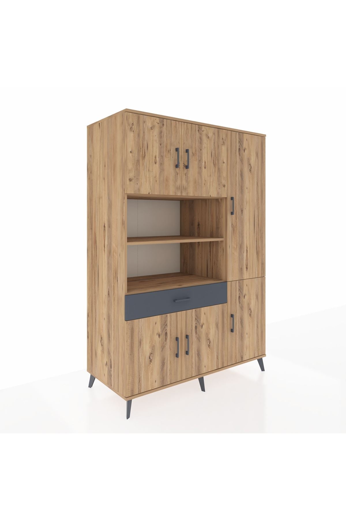 Kronos Dolap 10 Raflı Tek Çekmeceli 6 Kapaklı 132x59x195 Çam-Çam/Antrasit