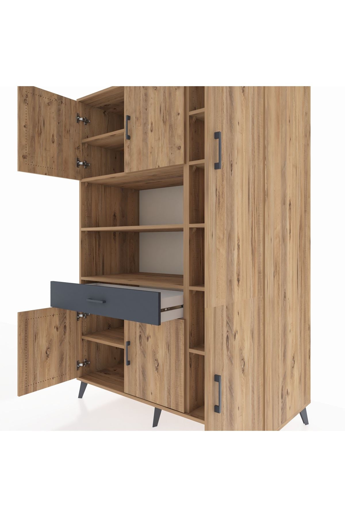 Kronos Dolap 10 Raflı Tek Çekmeceli 6 Kapaklı 132x59x195 Çam-Çam/Antrasit