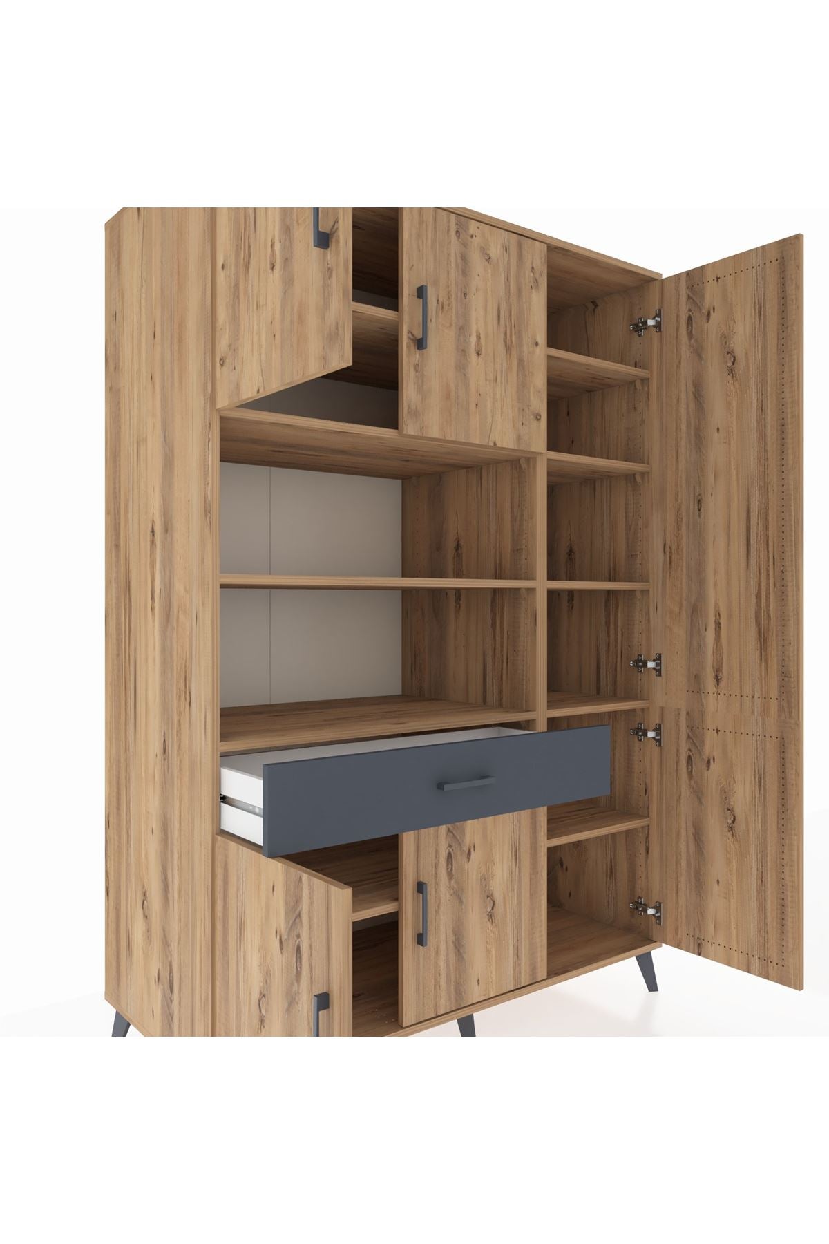 Kronos Dolap 10 Raflı Tek Çekmeceli 6 Kapaklı 132x59x195 Çam-Çam/Antrasit