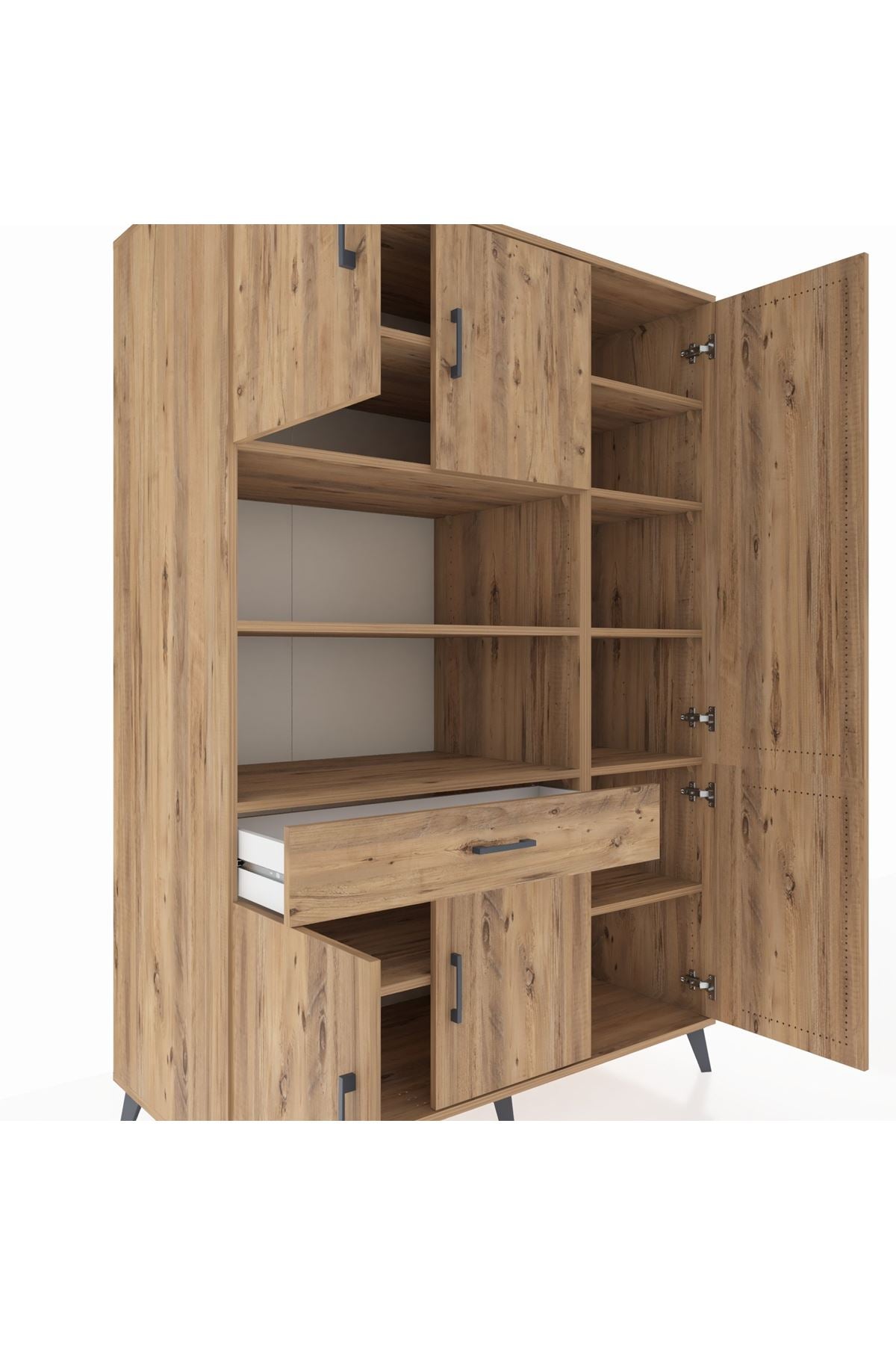 Kronos Dolap 10 Raflı Tek Çekmeceli 6 Kapaklı 132x59x195 Çam-Çam/Çam