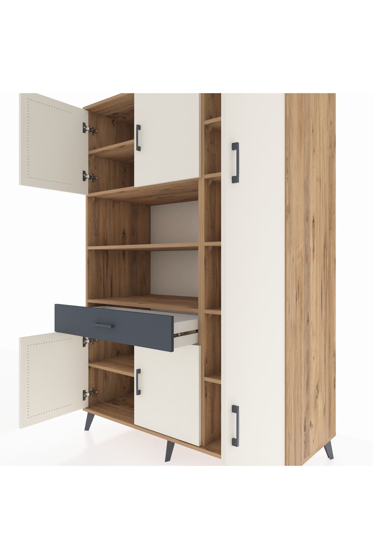 Kronos Dolap 10 Raflı Tek Çekmeceli 6 Kapaklı 132x59x195 Çam-Aytaşı/Antrasit