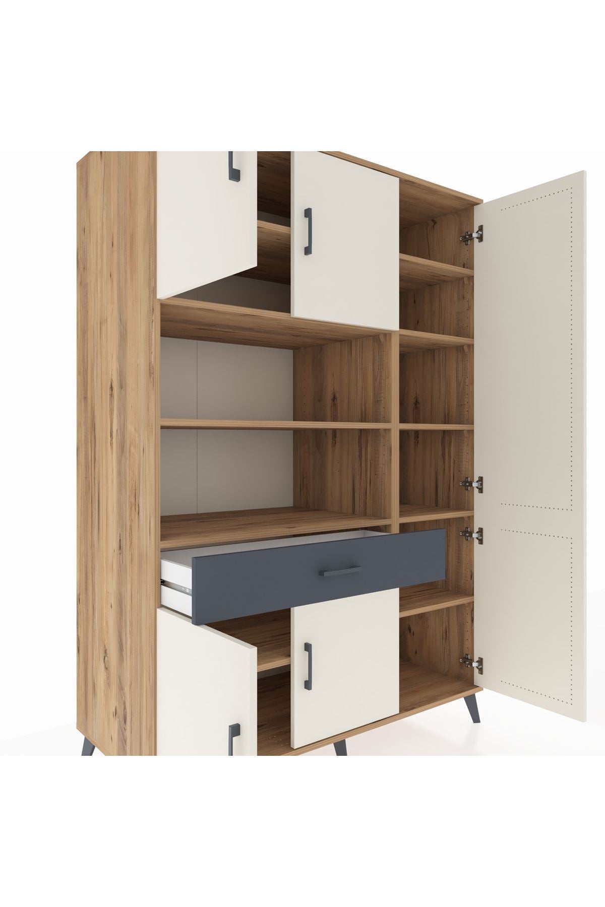 Kronos Dolap 10 Raflı Tek Çekmeceli 6 Kapaklı 132x59x195 Çam-Aytaşı/Antrasit