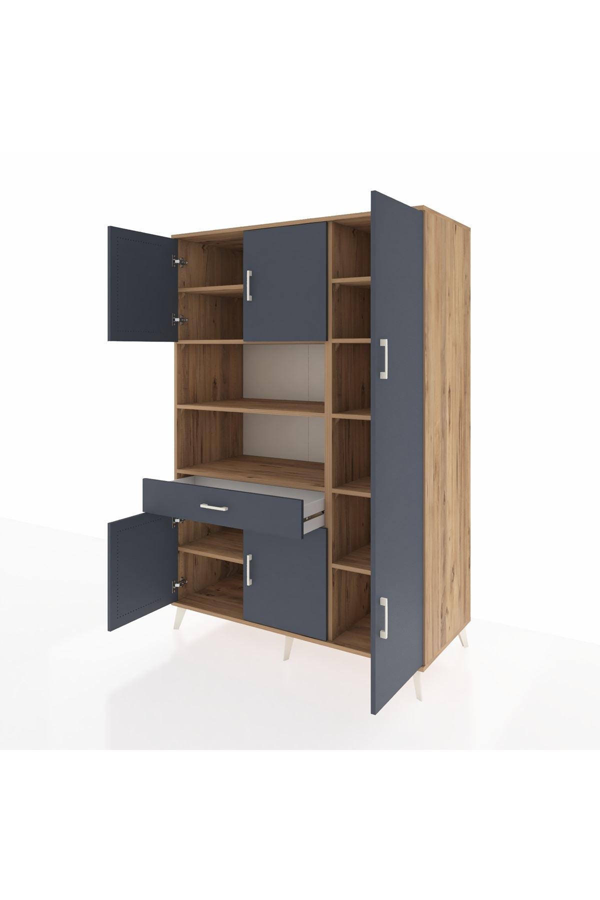 Kronos Dolap 10 Raflı Tek Çekmeceli 6 Kapaklı 132x59x195 Çam-Antrasit/Antrasit