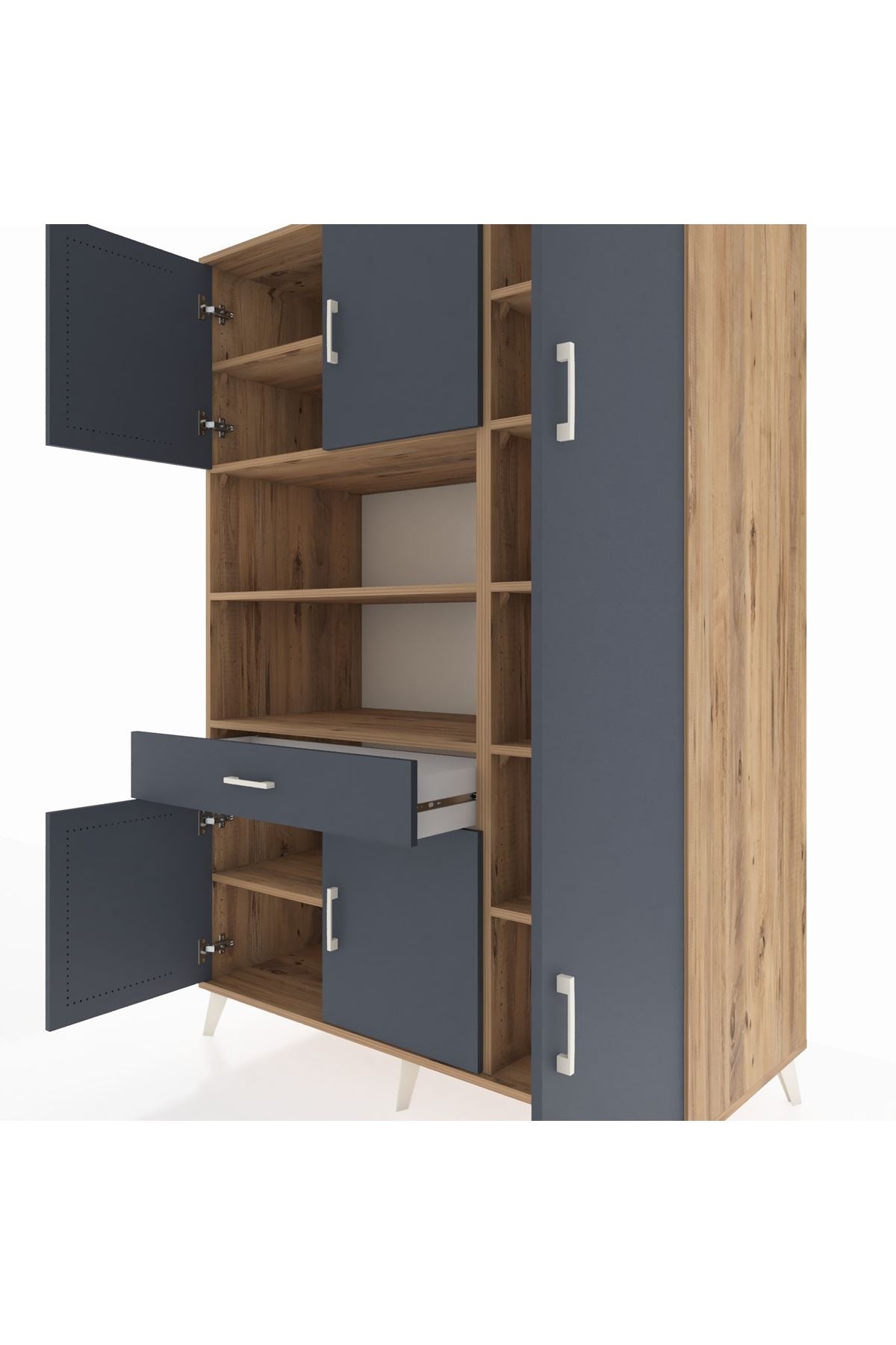 Kronos Dolap 10 Raflı Tek Çekmeceli 6 Kapaklı 132x59x195 Çam-Antrasit/Antrasit