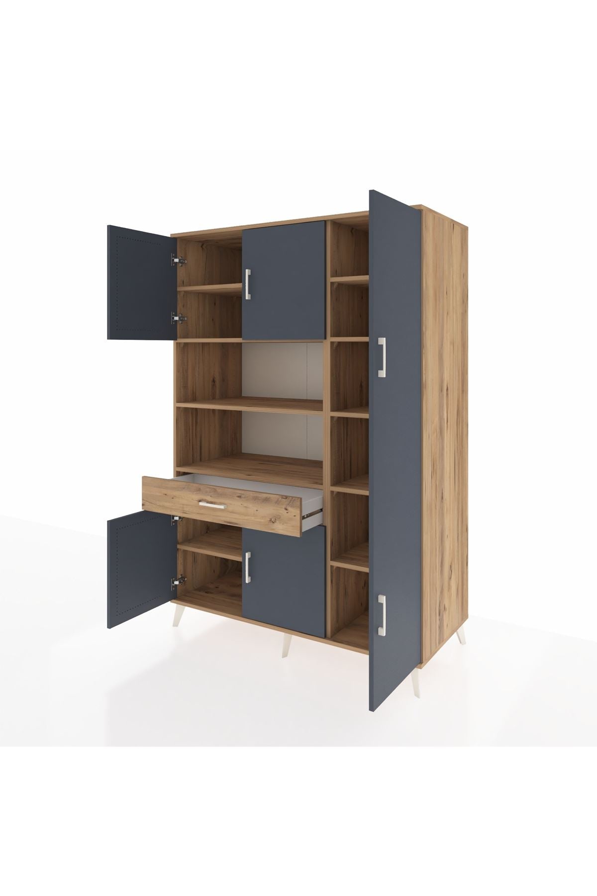 Kronos Dolap 10 Raflı Tek Çekmeceli 6 Kapaklı 132x59x195 Çam-Antrasit/Çam