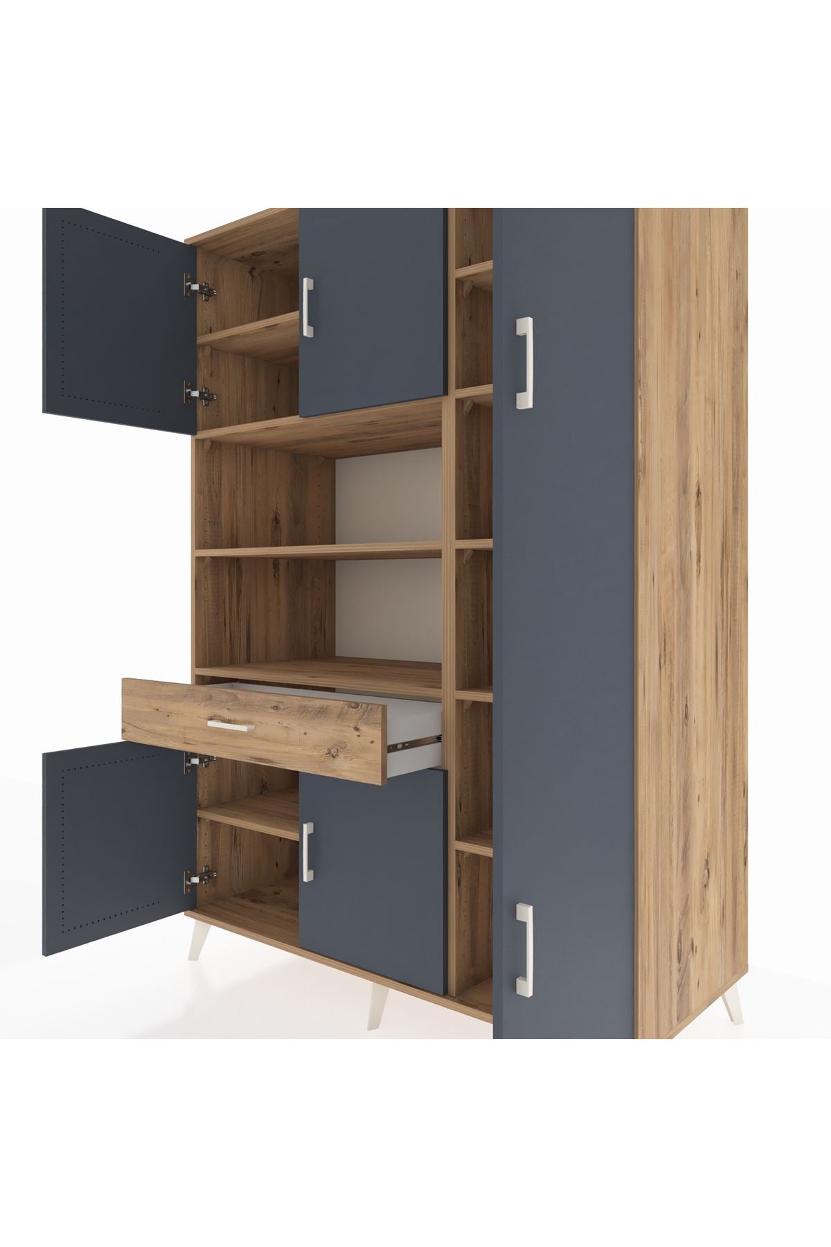 Kronos Dolap 10 Raflı Tek Çekmeceli 6 Kapaklı 132x59x195 Çam-Antrasit/Çam