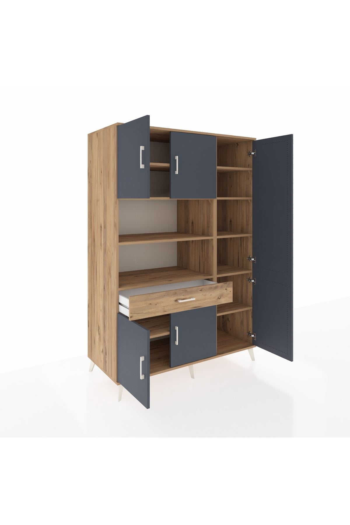 Kronos Dolap 10 Raflı Tek Çekmeceli 6 Kapaklı 132x59x195 Çam-Antrasit/Çam