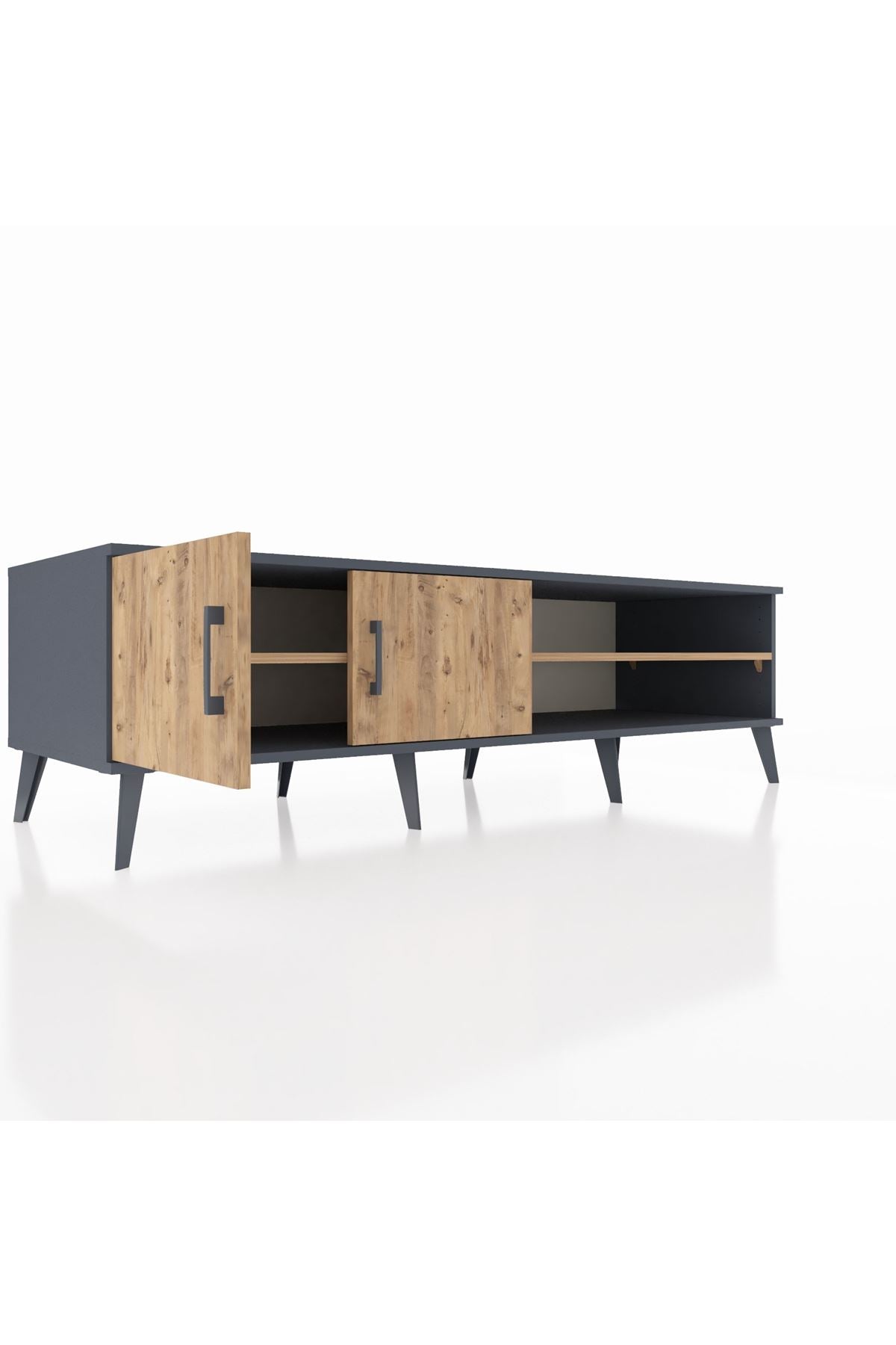 Kronos TV Ünitesi 2 Raflı 2 Kapaklı 176x59x51 Antrasit-Çam/Çam