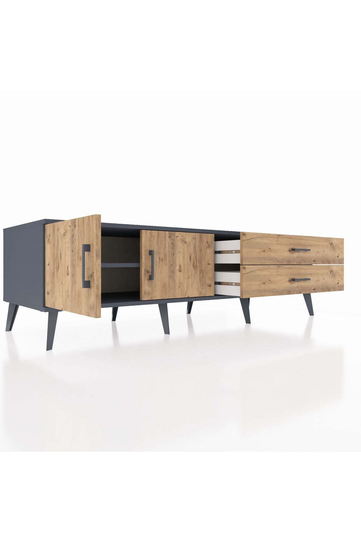 Kronos TV Ünitesi Tek Raflı 2 Çekmeceli 2 Kapaklı 176x59x51 Antrasit-Çam/Çam