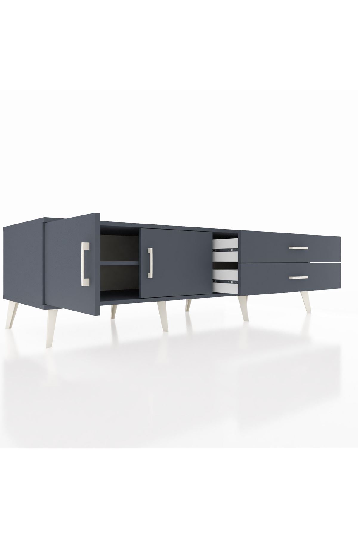 Kronos TV Ünitesi Tek Raflı 2 Çekmeceli 2 Kapaklı 176x59x51 Antrasit-Antrasit/Antrasit