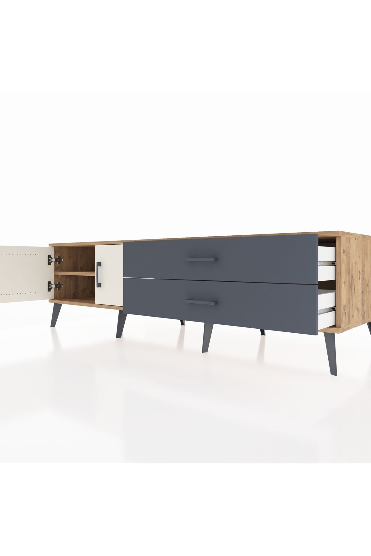 Kronos TV Ünitesi Tek Raflı 2 Çekmeceli 2 Kapaklı 176x59x51 Çam-Aytaşı/Antrasit