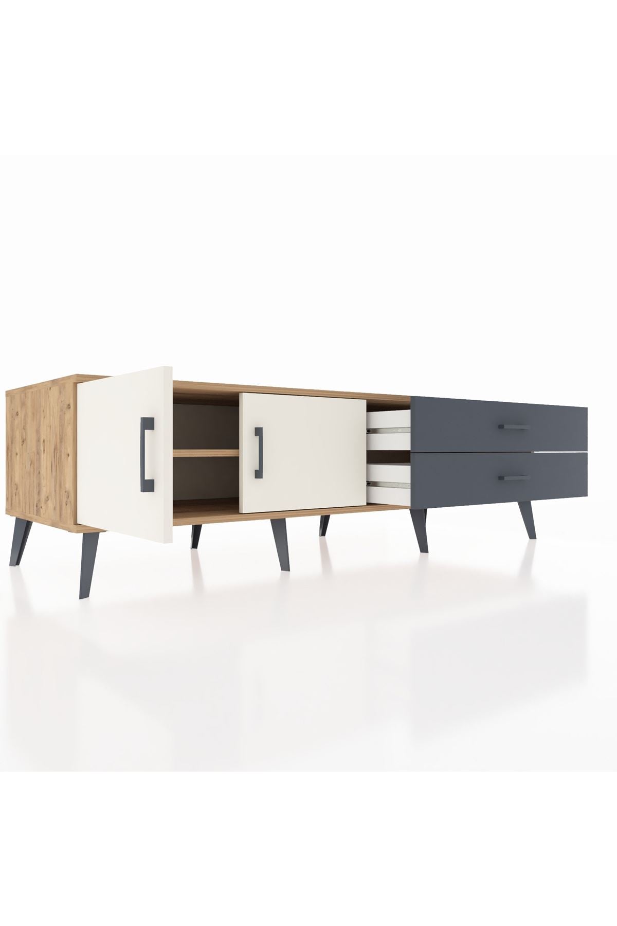 Kronos TV Ünitesi Tek Raflı 2 Çekmeceli 2 Kapaklı 176x59x51 Çam-Aytaşı/Antrasit