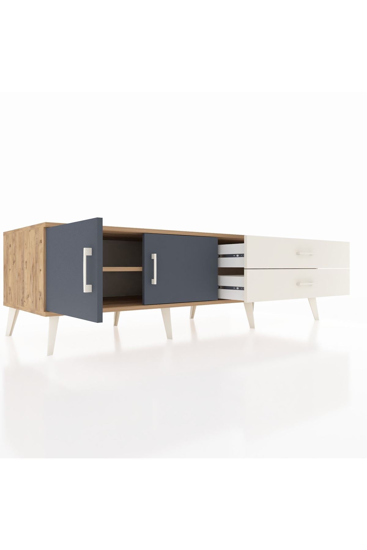 Kronos TV Ünitesi Tek Raflı 2 Çekmeceli 2 Kapaklı 176x59x51 Çam-Antrasit/Aytaşı