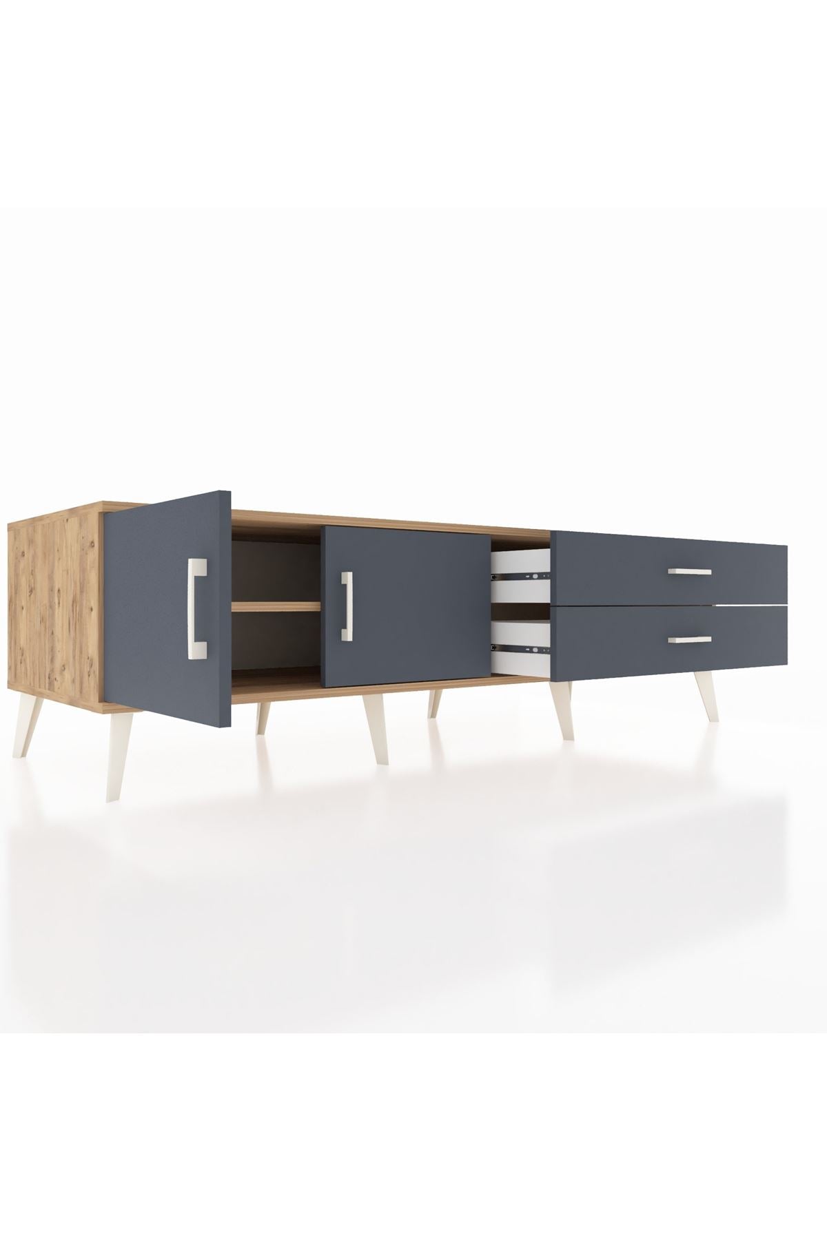 Kronos TV Ünitesi Tek Raflı 2 Çekmeceli 2 Kapaklı 176x59x51 Çam-Antrasit/Antrasit