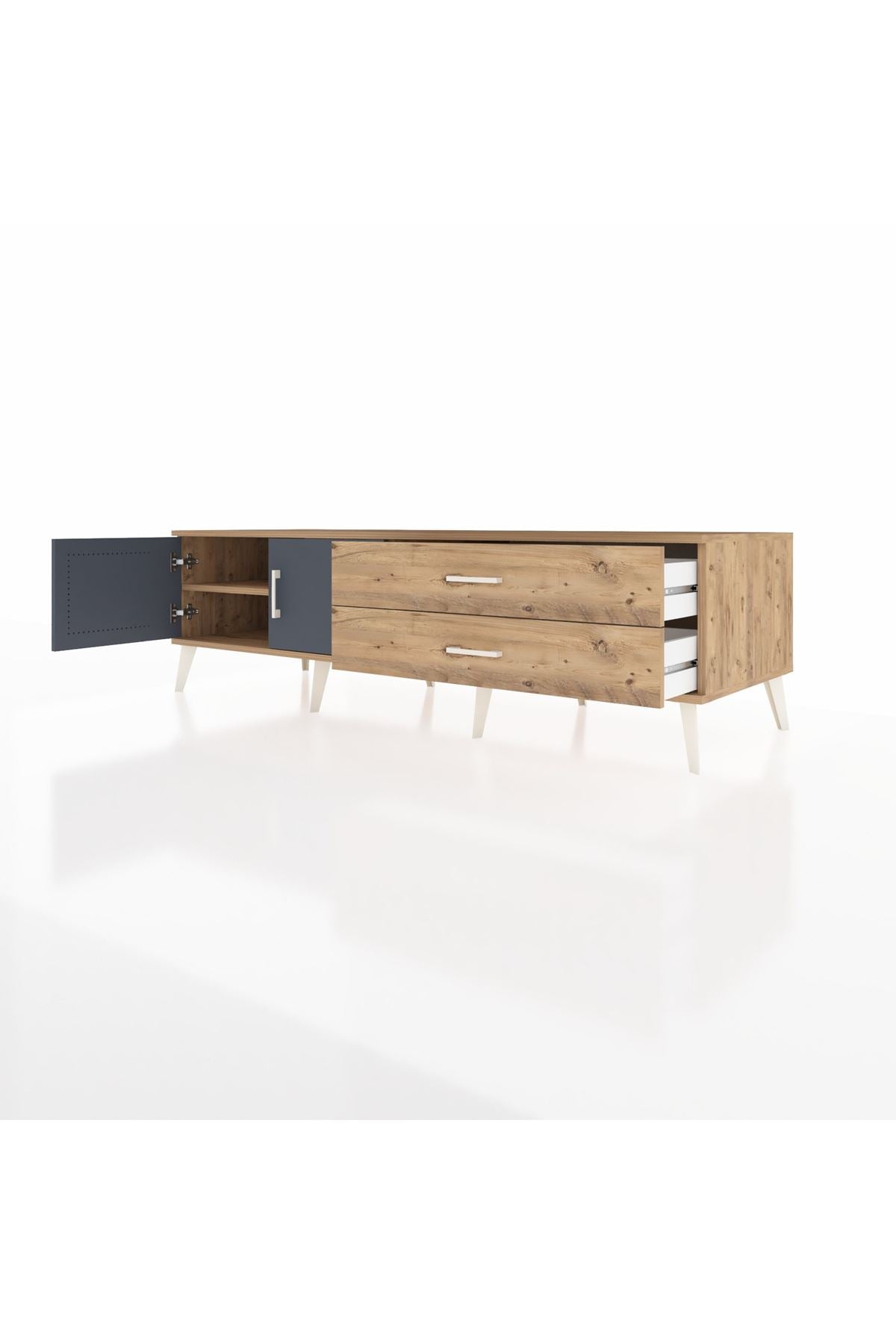 Kronos TV Ünitesi Tek Raflı 2 Çekmeceli 2 Kapaklı 176x59x51 Çam-Antrasit/Çam