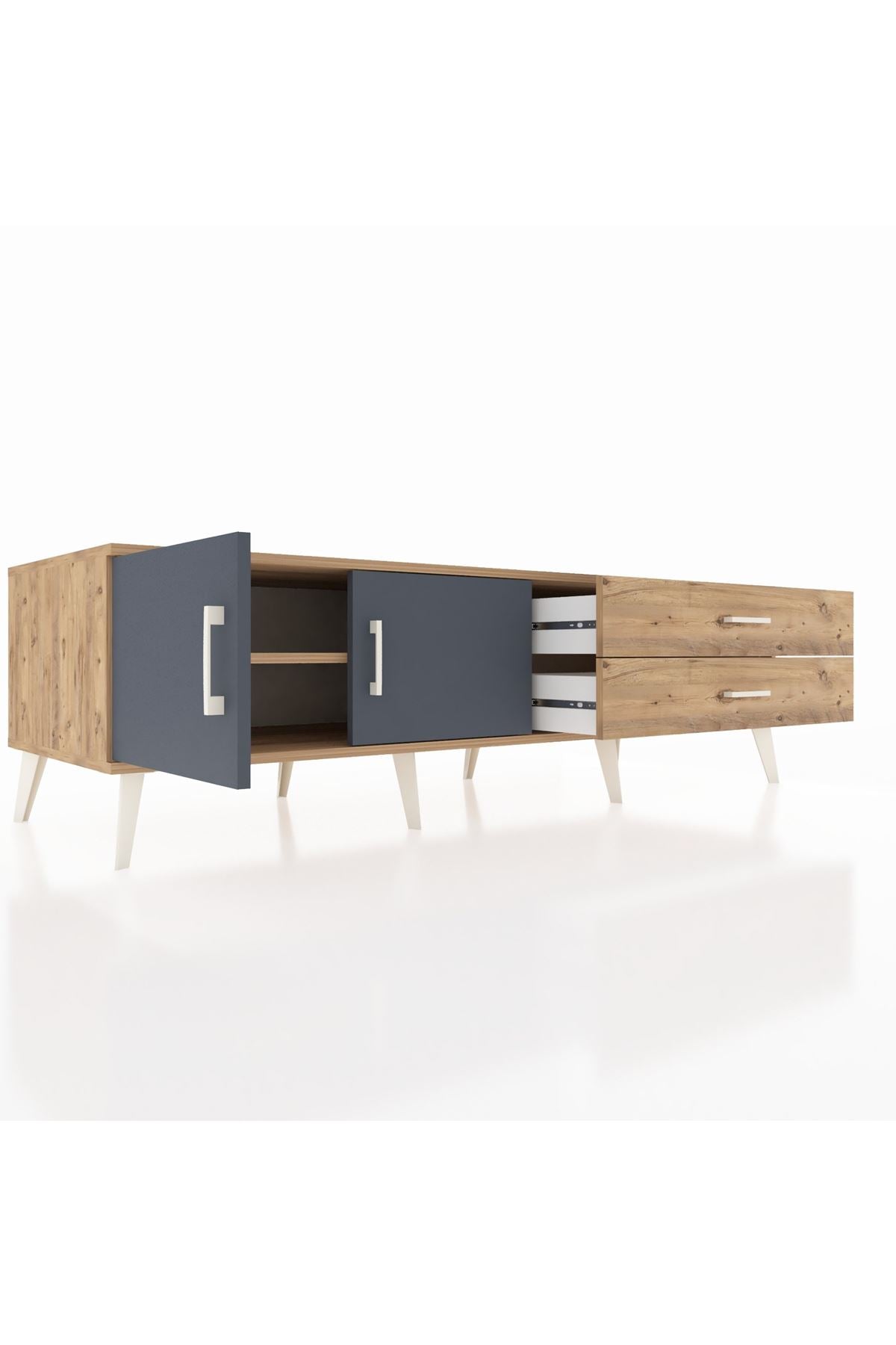 Kronos TV Ünitesi Tek Raflı 2 Çekmeceli 2 Kapaklı 176x59x51 Çam-Antrasit/Çam