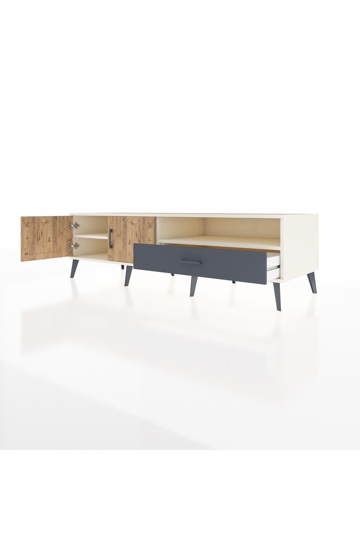 Kronos TV Ünitesi 2 Raflı Tek Çekmeceli 2 Kapaklı 176x59x51 Aytaşı-Çam/Antrasit