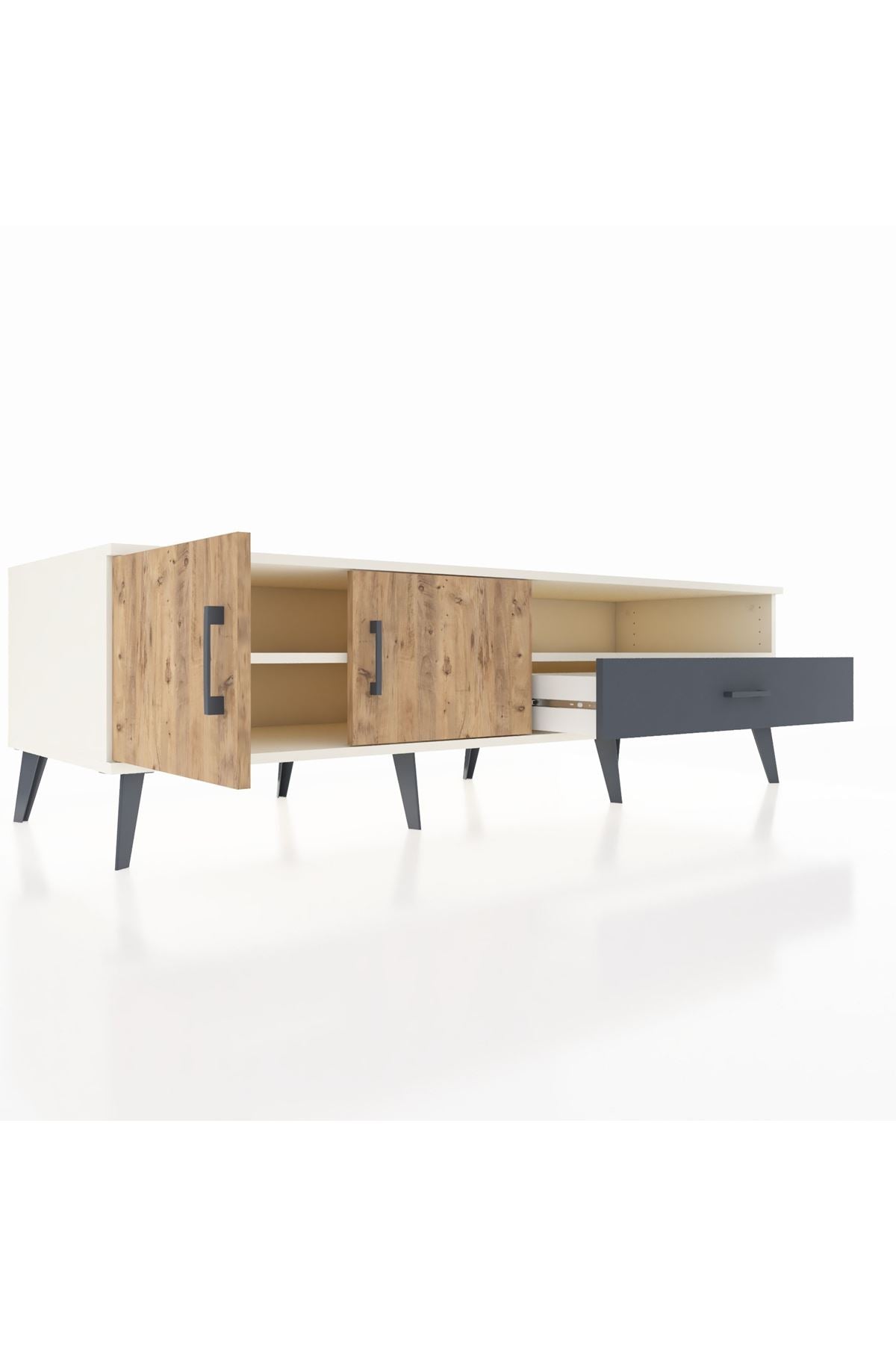 Kronos TV Ünitesi 2 Raflı Tek Çekmeceli 2 Kapaklı 176x59x51 Aytaşı-Çam/Antrasit