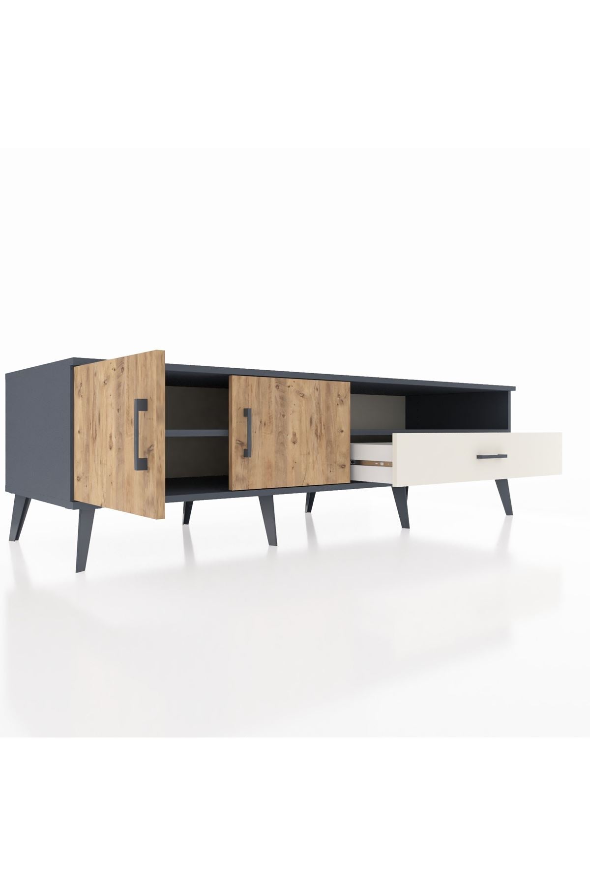 Kronos TV Ünitesi 2 Raflı Tek Çekmeceli 2 Kapaklı 176x59x51 Antrasit-Çam/Aytaşı