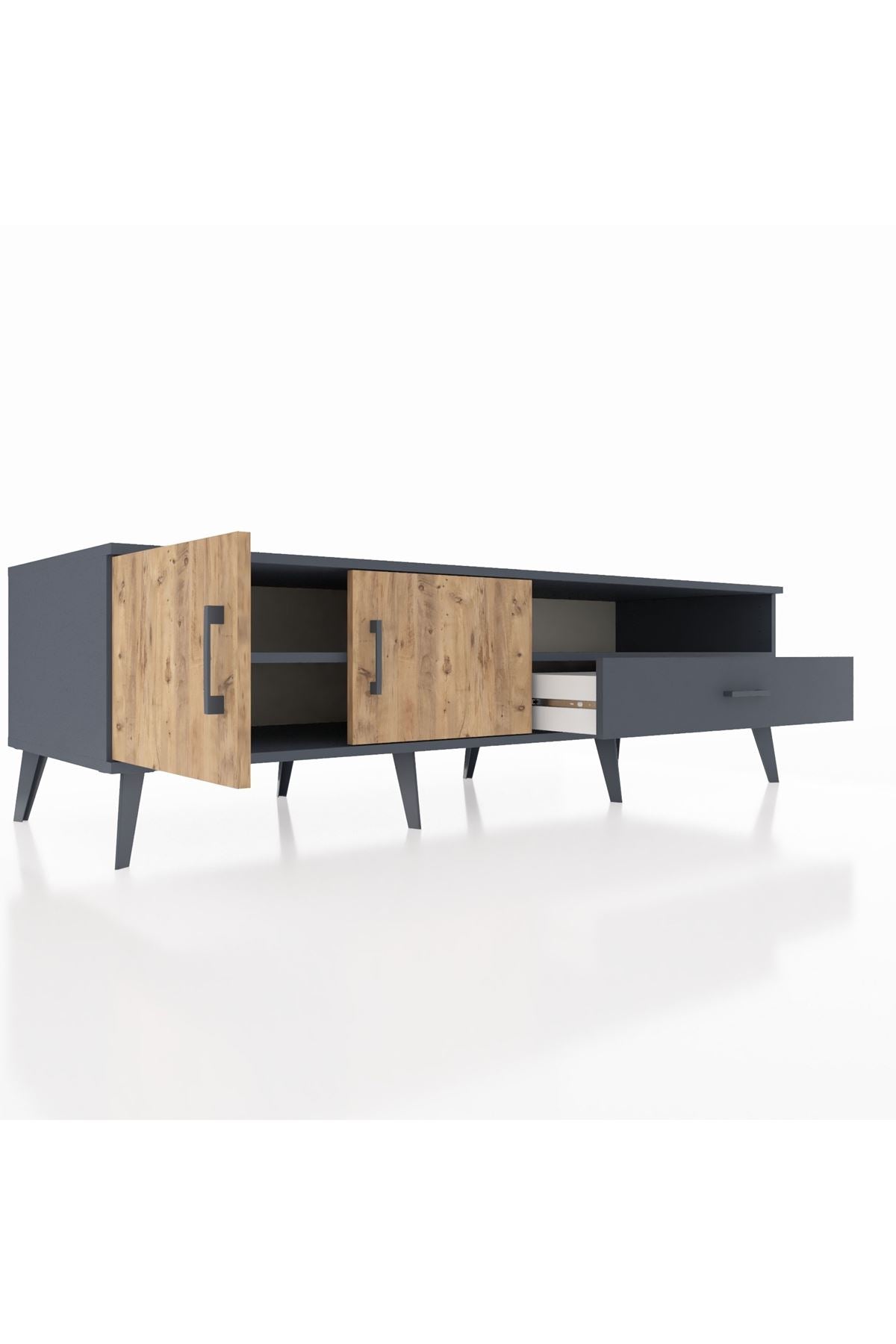 Kronos TV Ünitesi 2 Raflı Tek Çekmeceli 2 Kapaklı 176x59x51 Antrasit-Çam/Antrasit