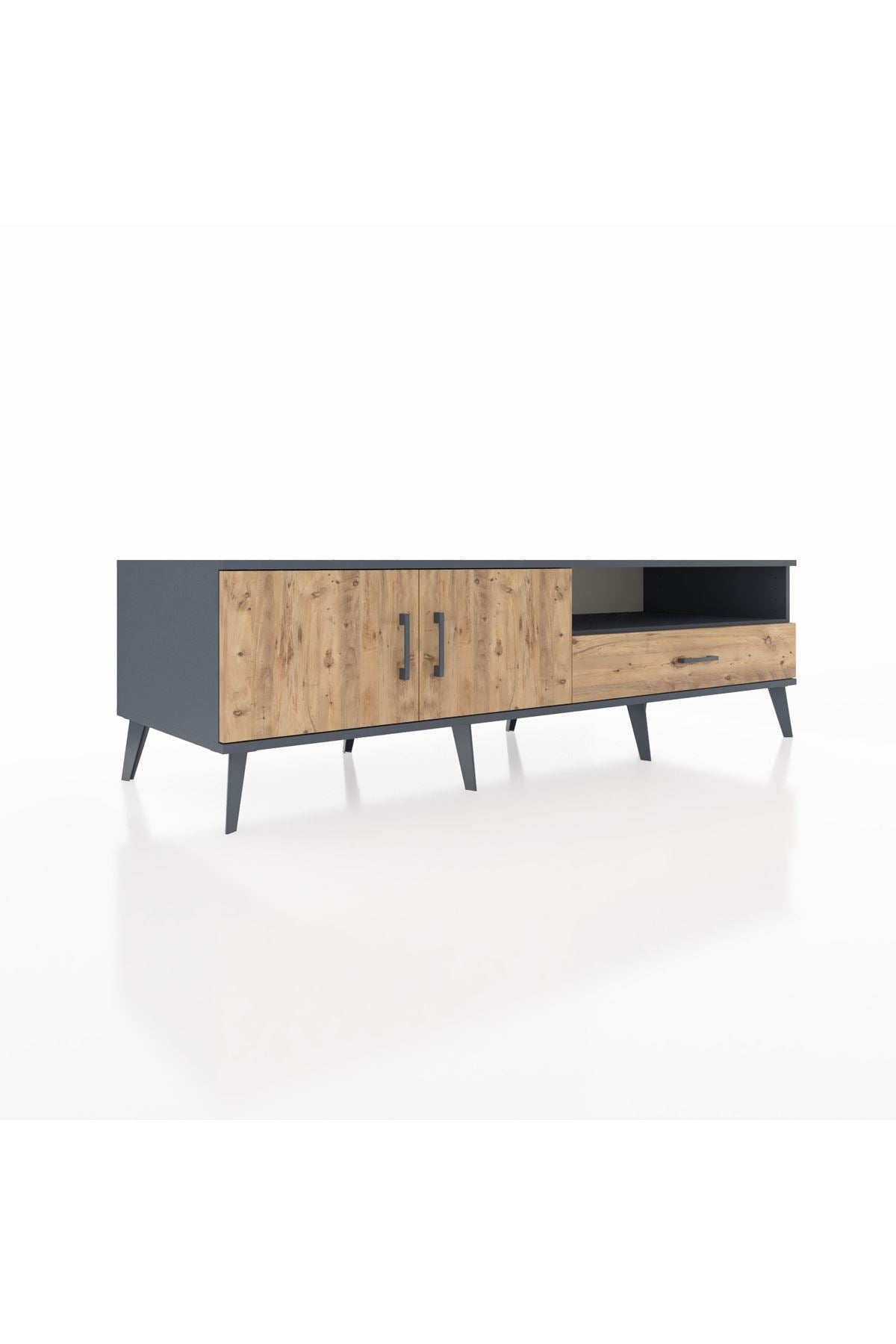 Kronos TV Ünitesi 2 Raflı Tek Çekmeceli 2 Kapaklı 176x59x51 Antrasit-Çam/Çam