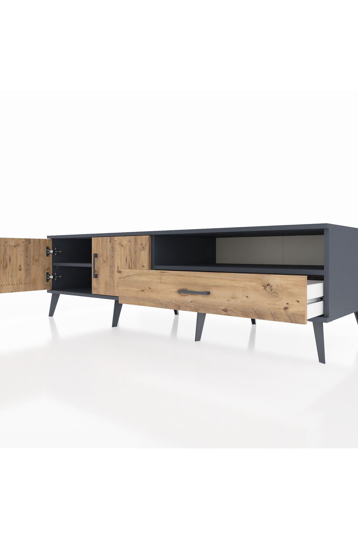 Kronos TV Ünitesi 2 Raflı Tek Çekmeceli 2 Kapaklı 176x59x51 Antrasit-Çam/Çam