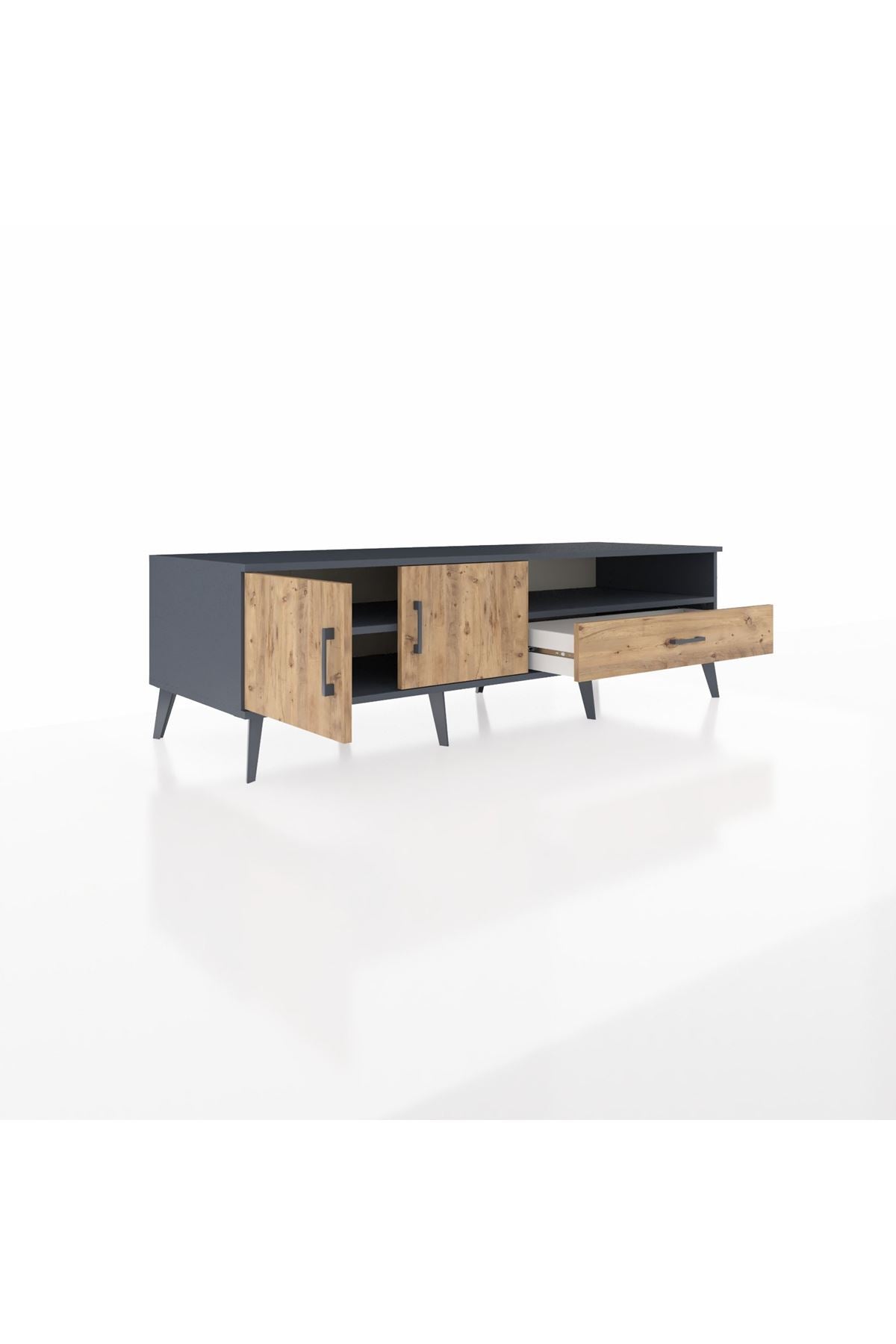 Kronos TV Ünitesi 2 Raflı Tek Çekmeceli 2 Kapaklı 176x59x51 Antrasit-Çam/Çam