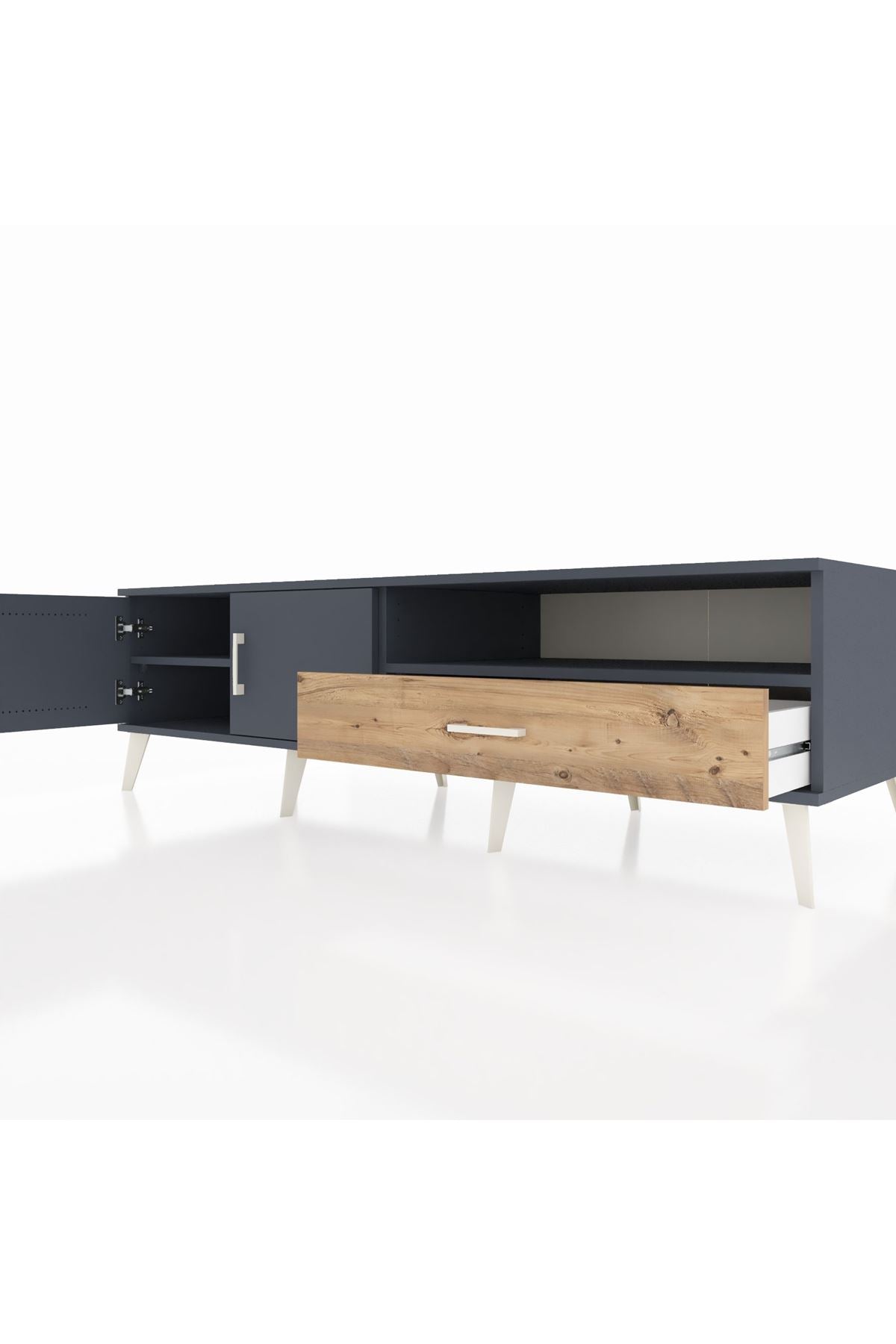 Kronos TV Ünitesi 2 Raflı Tek Çekmeceli 2 Kapaklı 176x59x51 Antrasit-Antrasit/Çam