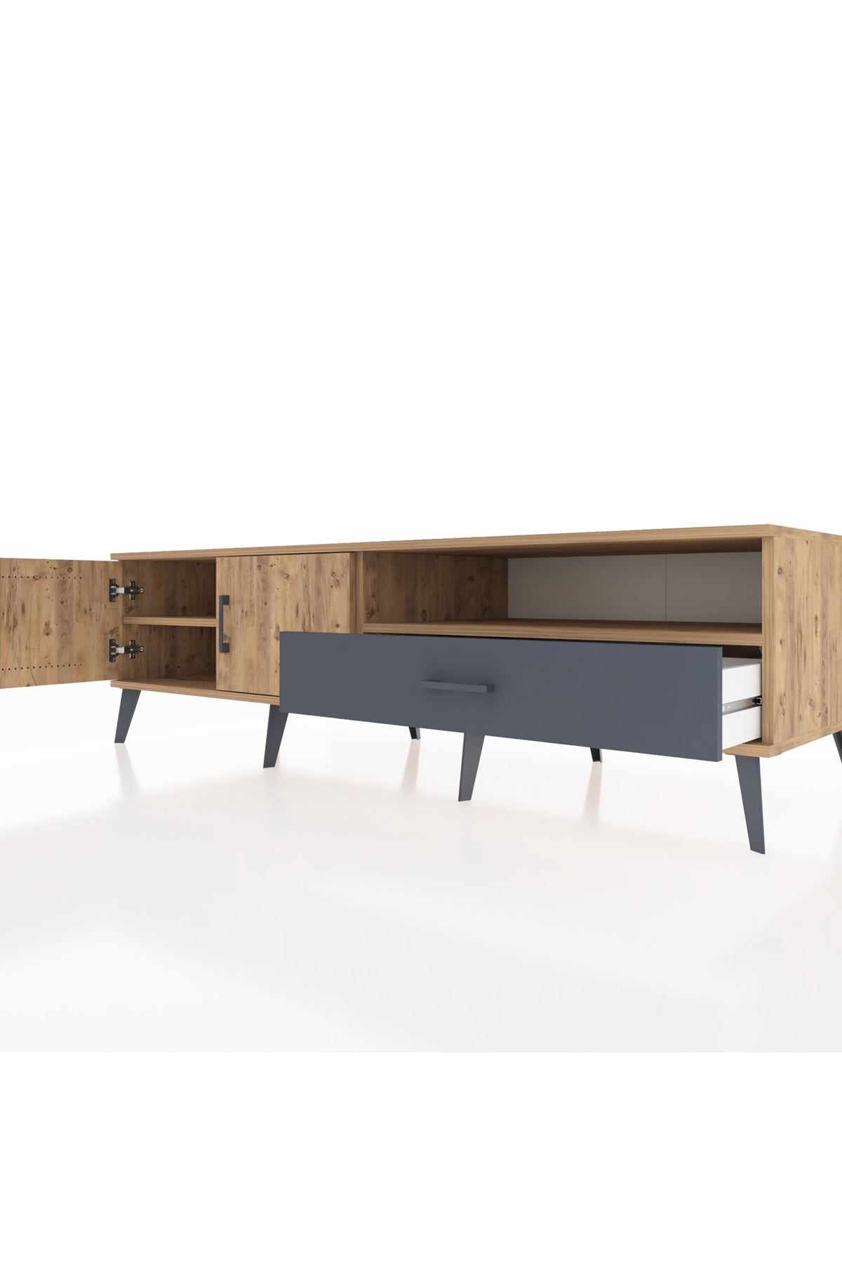 Kronos TV Ünitesi 2 Raflı Tek Çekmeceli 2 Kapaklı 176x59x51 Çam-Çam/Antrasit