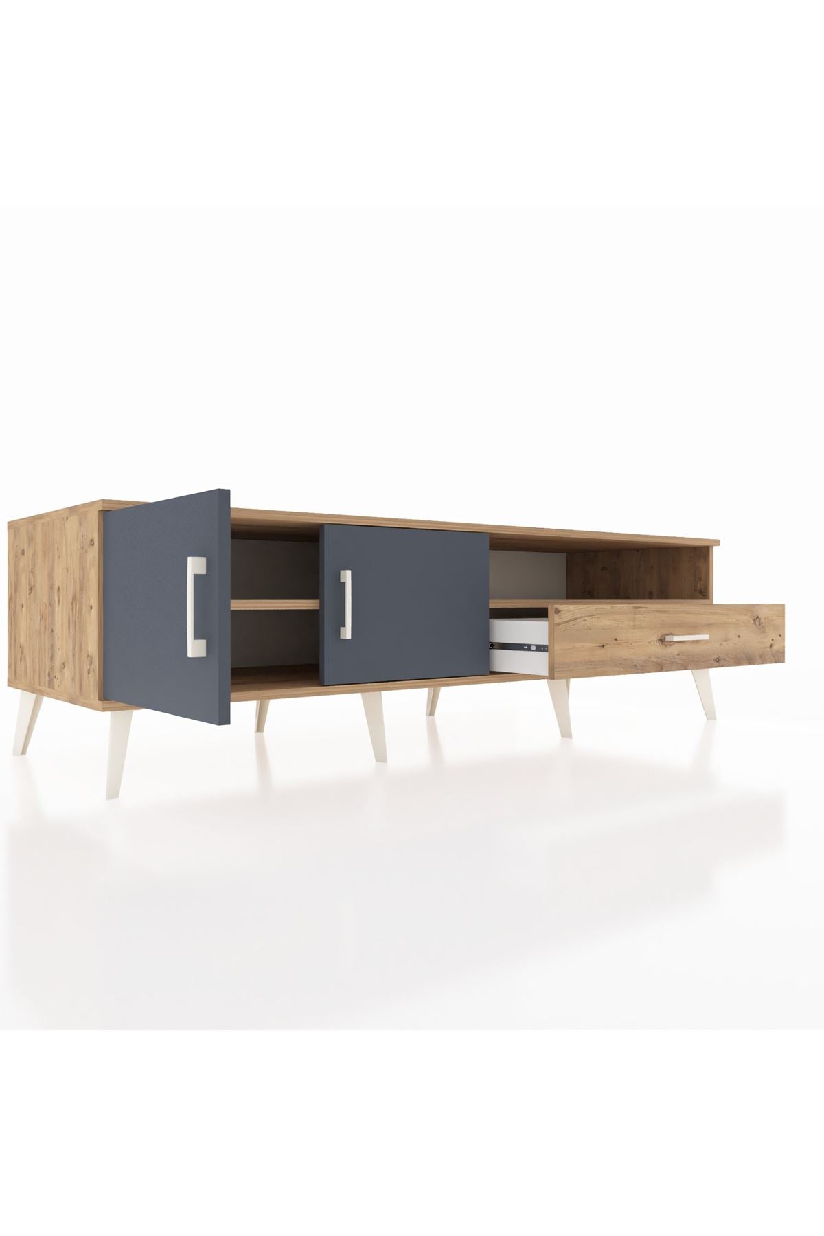 Kronos TV Ünitesi 2 Raflı Tek Çekmeceli 2 Kapaklı 176x59x51 Çam-Antrasit/Çam