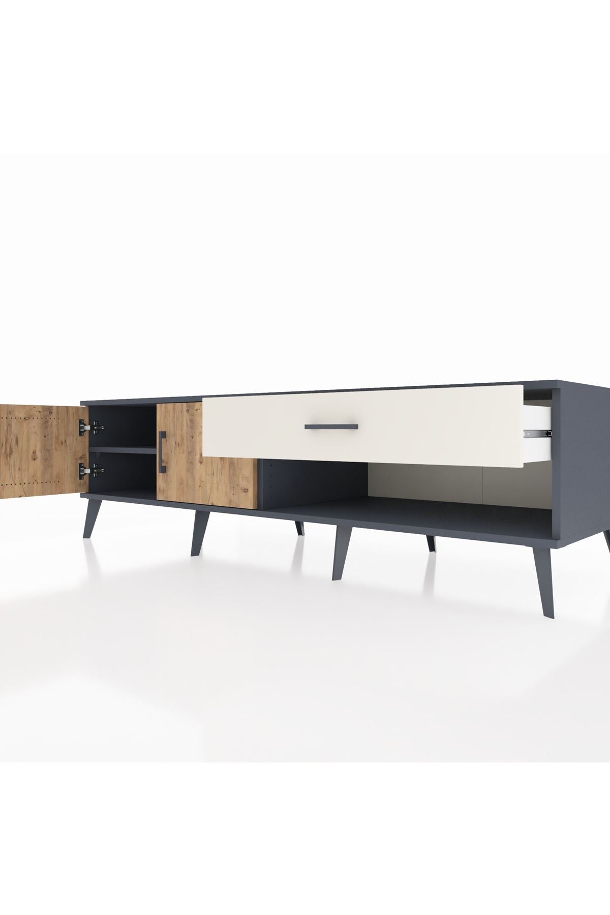 Kronos TV Ünitesi Tek Raflı Tek Çekmeceli 2 Kapaklı 176x59x51 Antrasit-Çam/Aytaşı