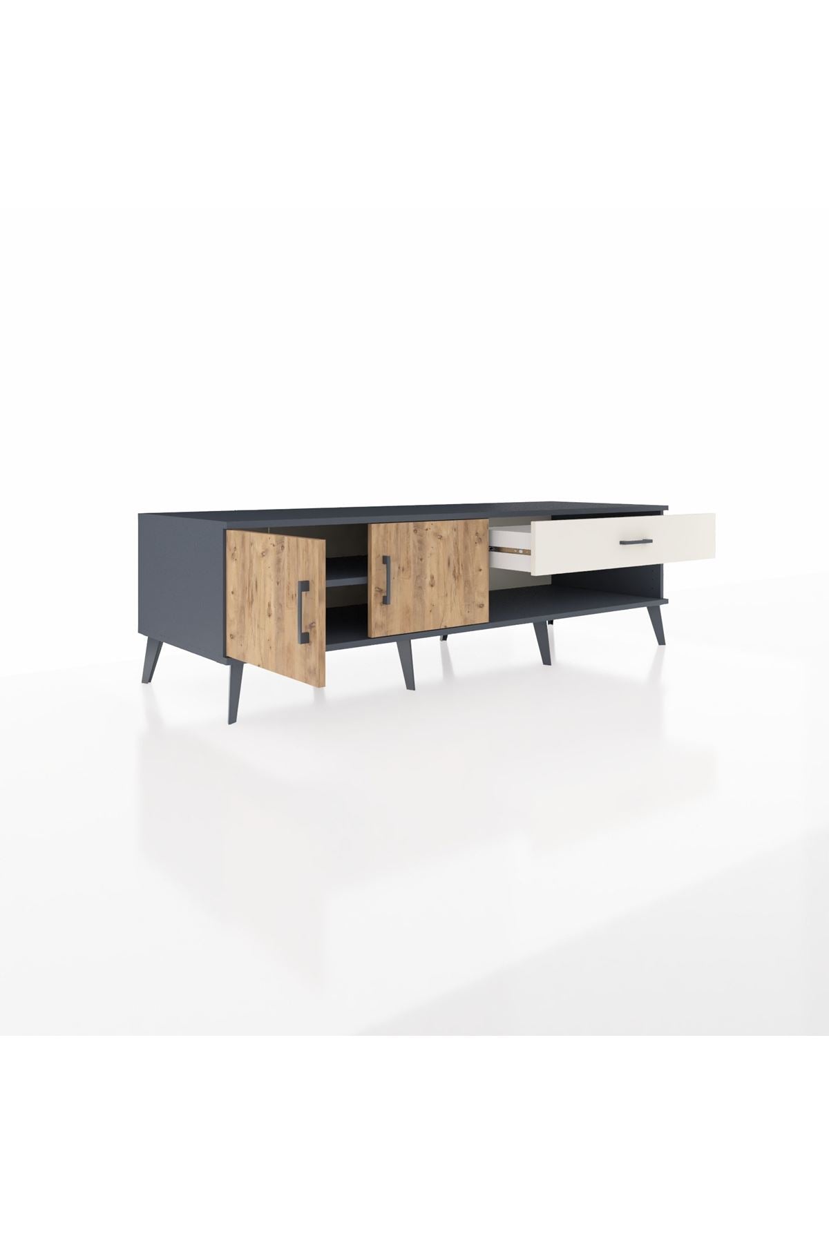 Kronos TV Ünitesi Tek Raflı Tek Çekmeceli 2 Kapaklı 176x59x51 Antrasit-Çam/Aytaşı