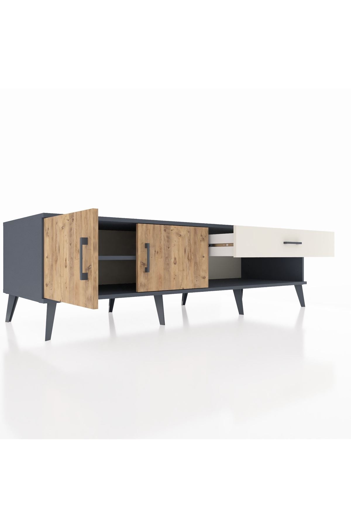 Kronos TV Ünitesi Tek Raflı Tek Çekmeceli 2 Kapaklı 176x59x51 Antrasit-Çam/Aytaşı