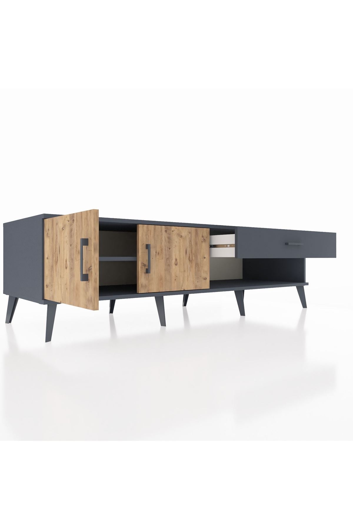 Kronos TV Ünitesi Tek Raflı Tek Çekmeceli 2 Kapaklı 176x59x51 Antrasit-Çam/Antrasit