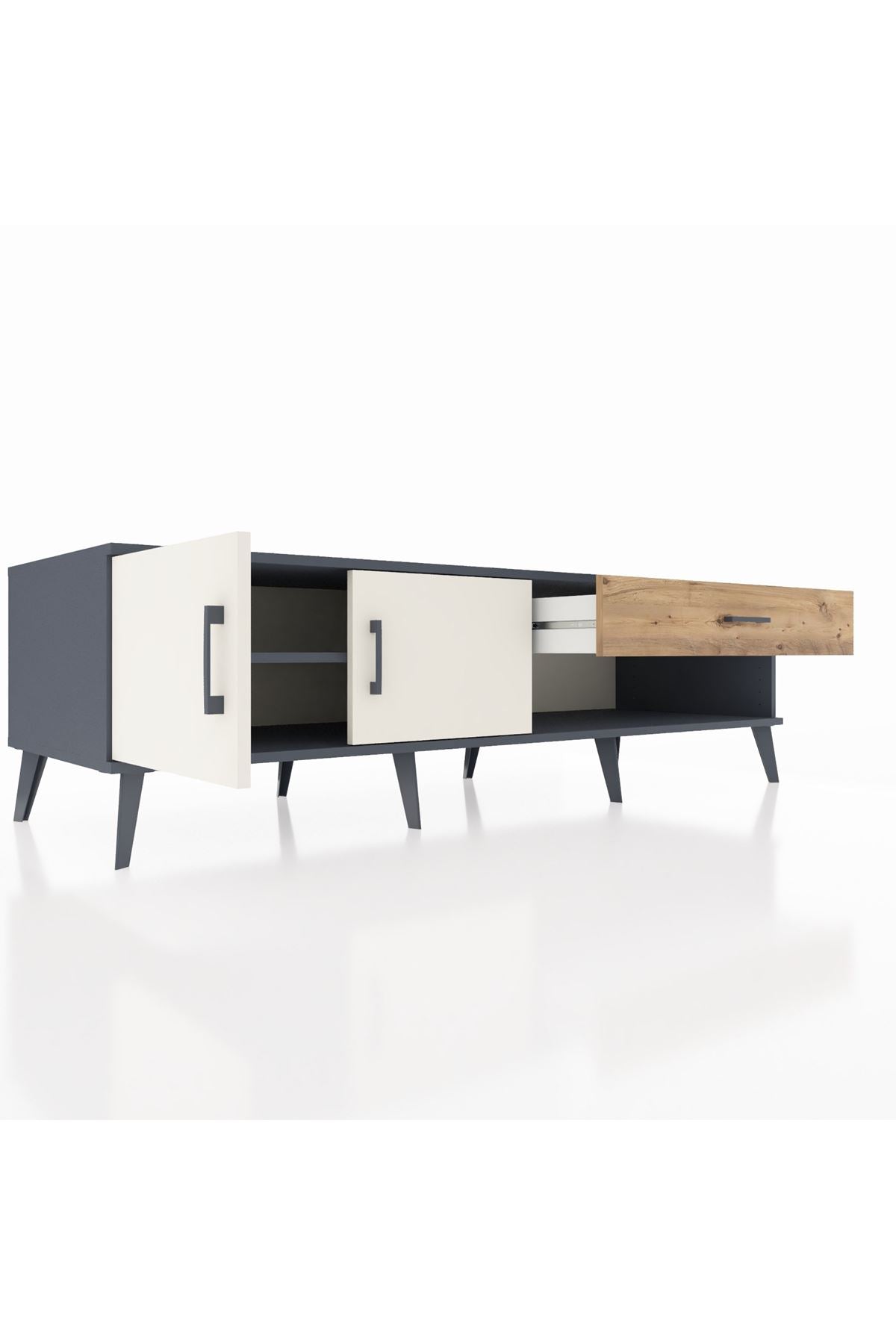 Kronos TV Ünitesi Tek Raflı Tek Çekmeceli 2 Kapaklı 176x59x51 Antrasit-Aytaşı/Çam