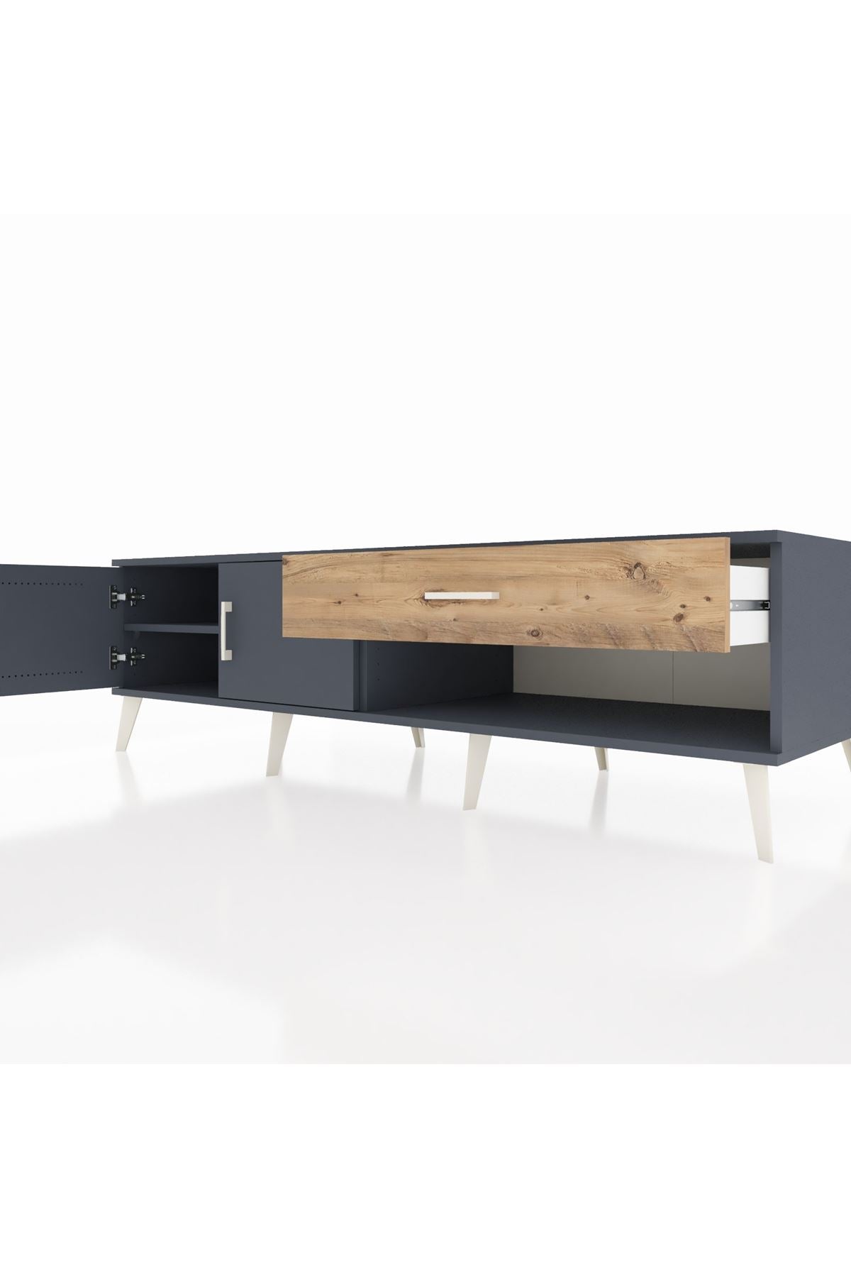 Kronos TV Ünitesi Tek Raflı Tek Çekmeceli 2 Kapaklı 176x59x51 Antrasit-Antrasit/Çam