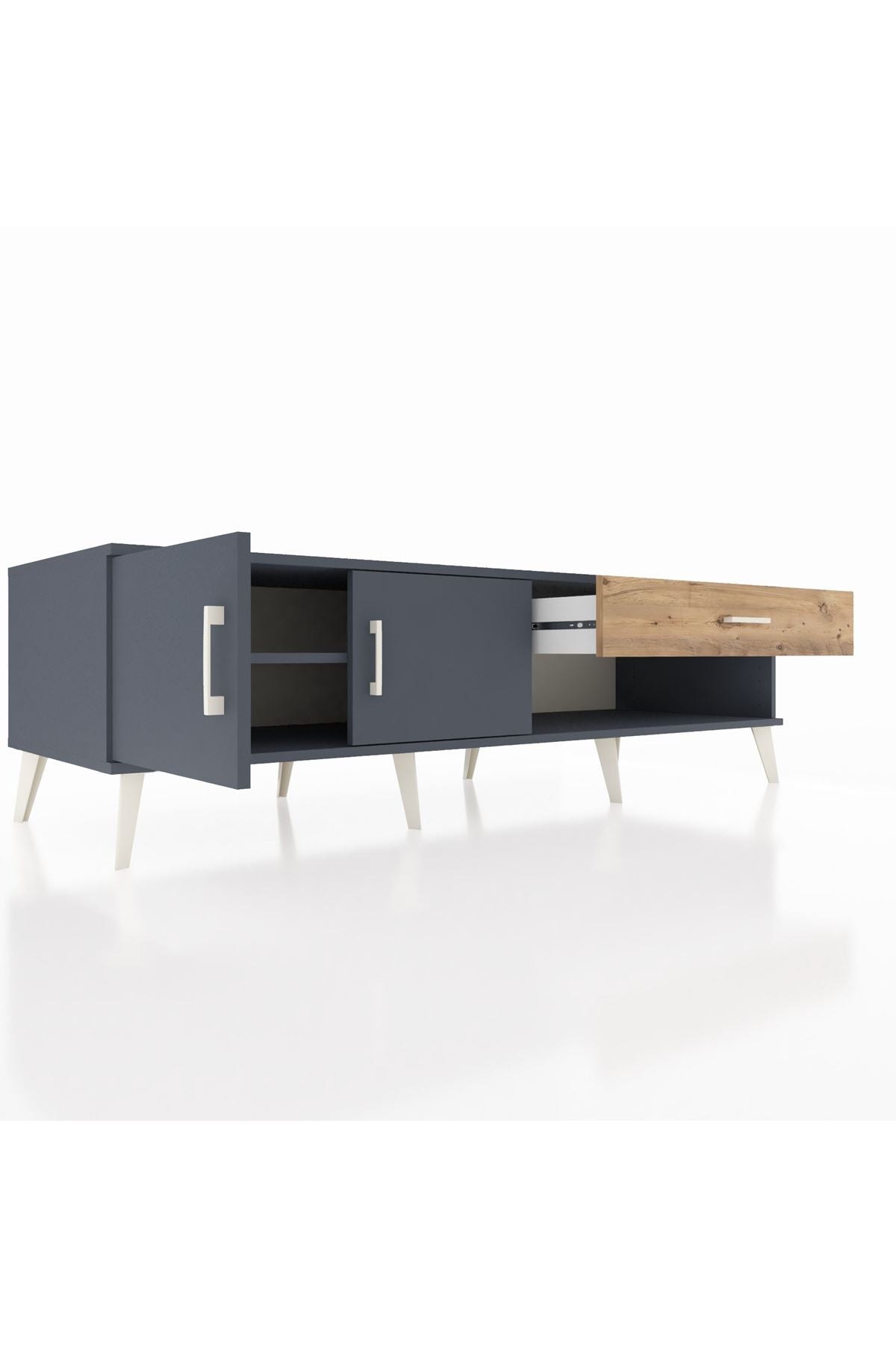 Kronos TV Ünitesi Tek Raflı Tek Çekmeceli 2 Kapaklı 176x59x51 Antrasit-Antrasit/Çam