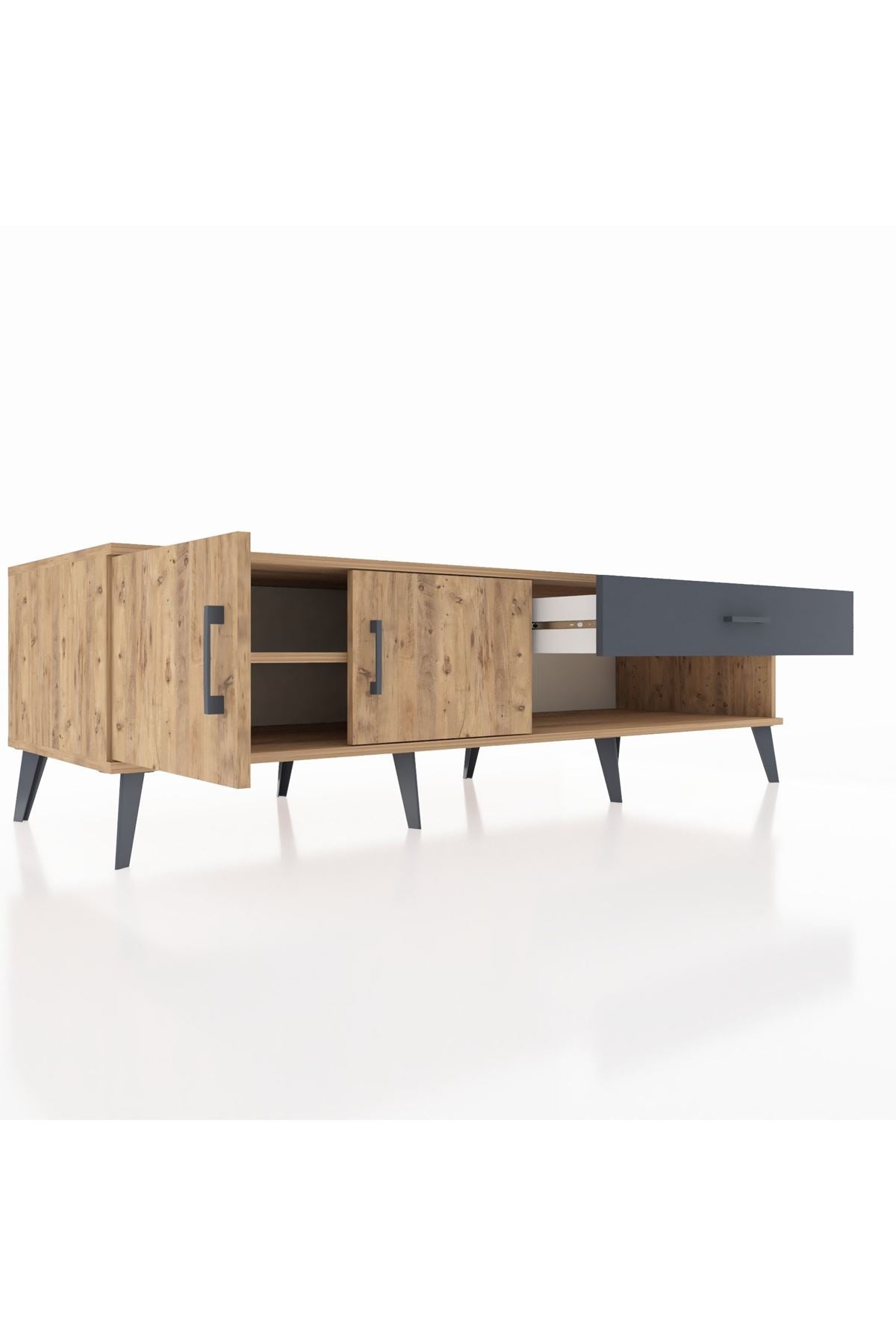 Kronos TV Ünitesi Tek Raflı Tek Çekmeceli 2 Kapaklı 176x59x51 Çam-Çam/Antrasit