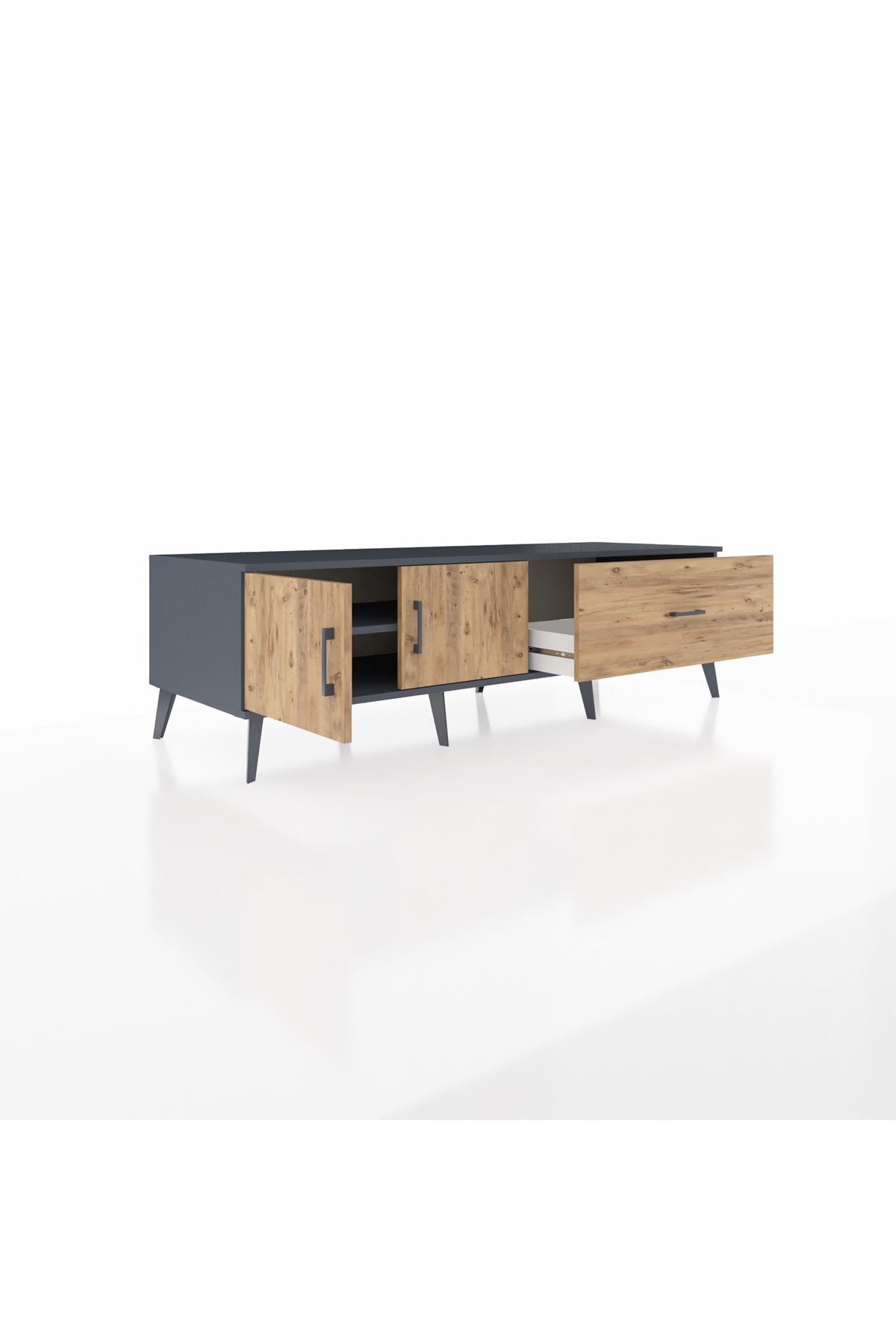 Kronos TV Ünitesi Tek Raflı Tek Çekmeceli 2 Kapaklı 176x59x51 Antrasit-Çam/Çam