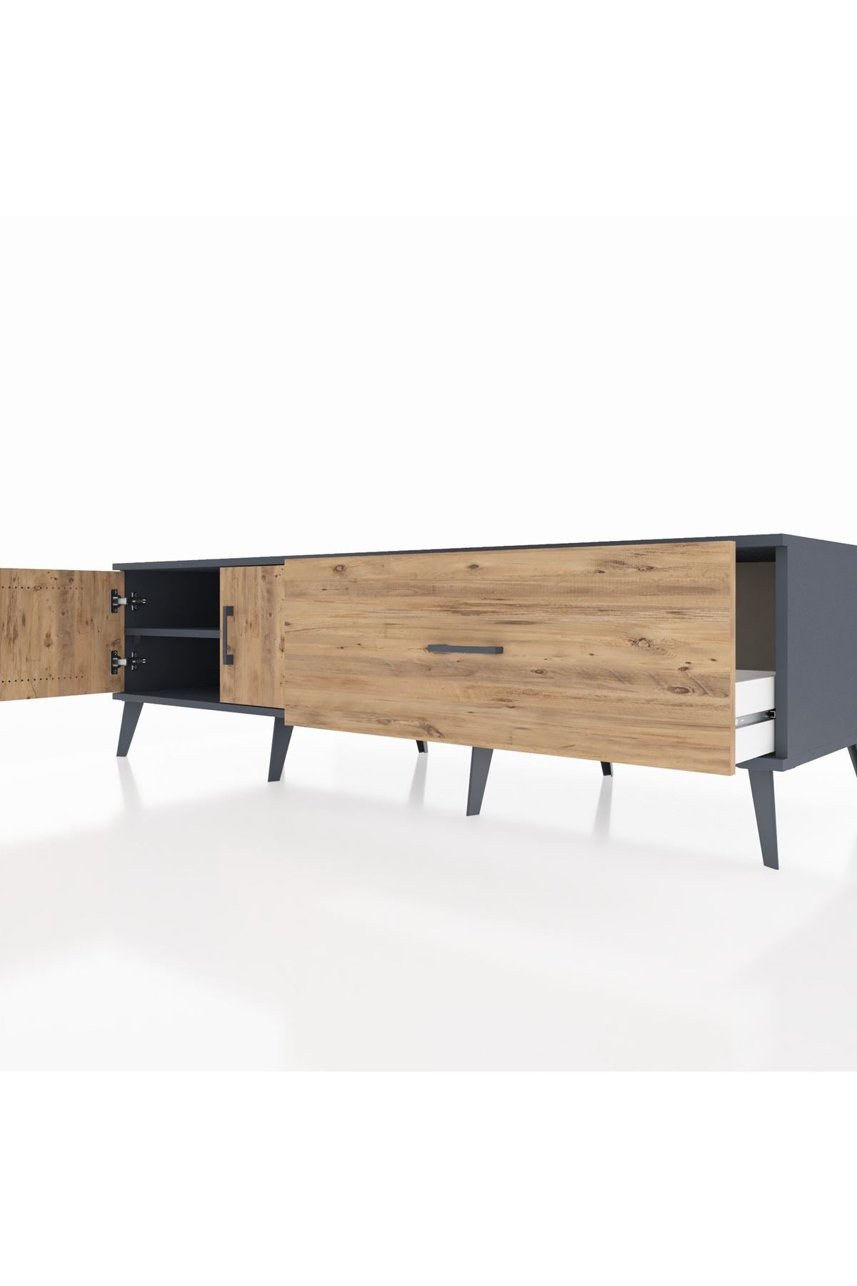 Kronos TV Ünitesi Tek Raflı Tek Çekmeceli 2 Kapaklı 176x59x51 Antrasit-Çam/Çam