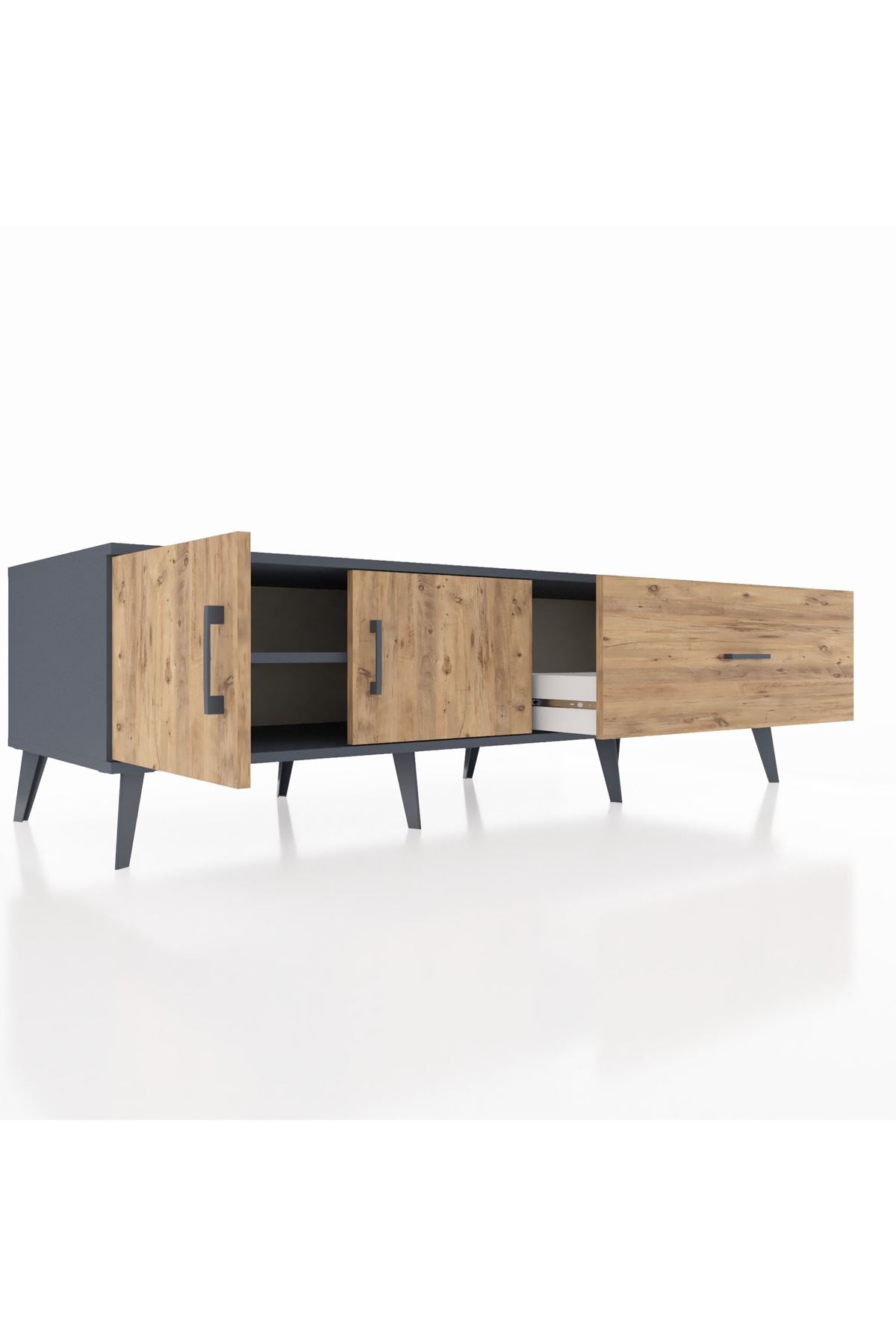 Kronos TV Ünitesi Tek Raflı Tek Çekmeceli 2 Kapaklı 176x59x51 Antrasit-Çam/Çam