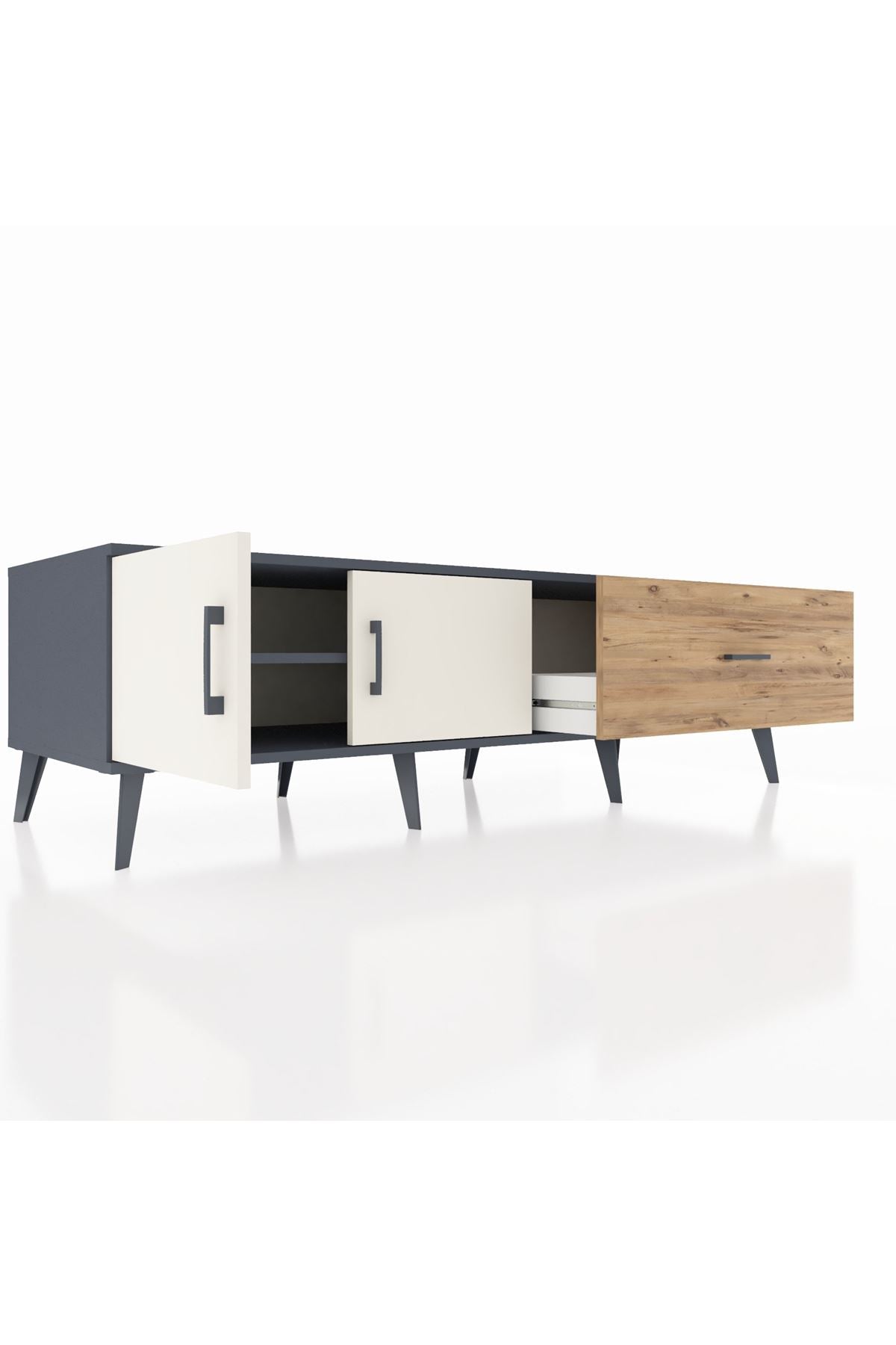 Kronos TV Ünitesi Tek Raflı Tek Çekmeceli 2 Kapaklı 176x59x51 Antrasit-Aytaşı/Çam