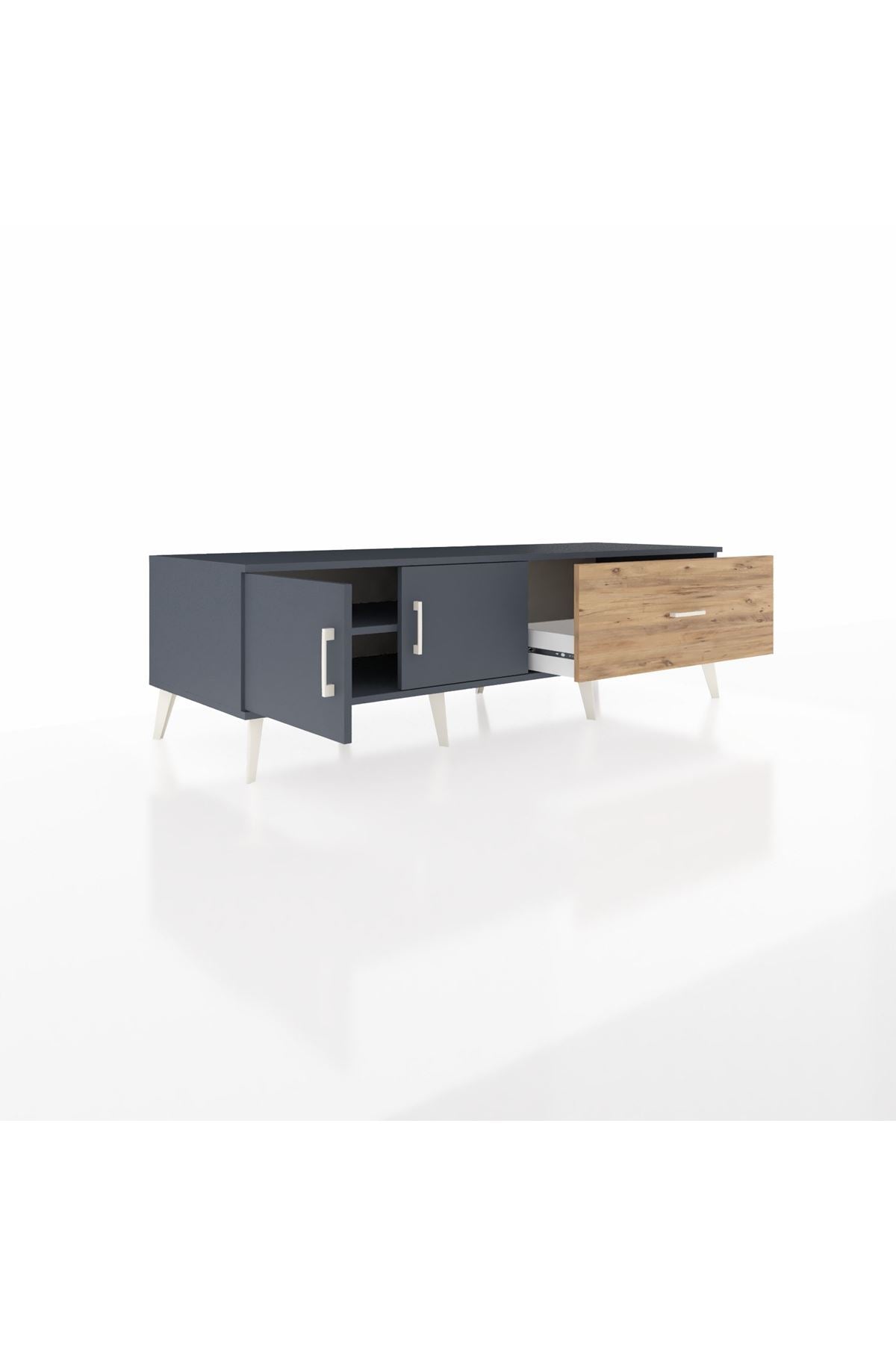 Kronos TV Ünitesi Tek Raflı Tek Çekmeceli 2 Kapaklı 176x59x51 Antrasit-Antrasit/Çam