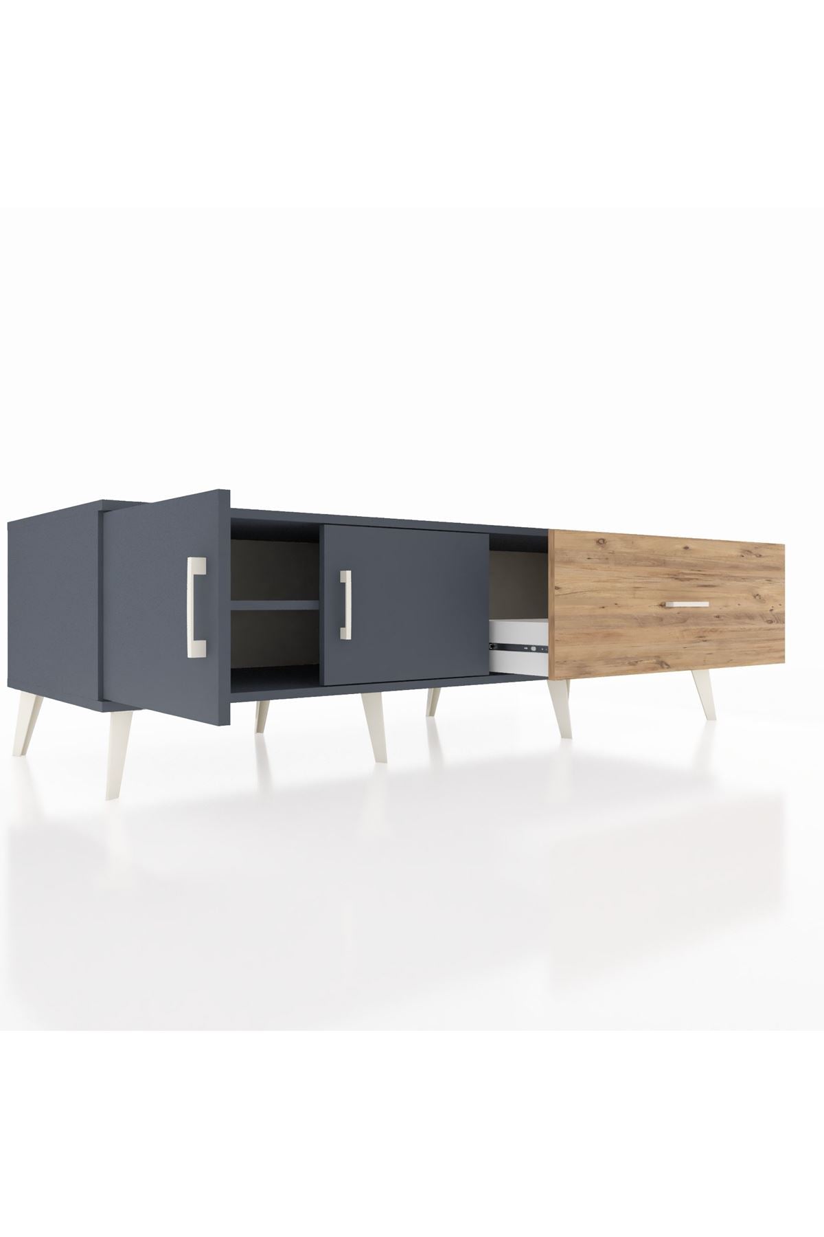 Kronos TV Ünitesi Tek Raflı Tek Çekmeceli 2 Kapaklı 176x59x51 Antrasit-Antrasit/Çam