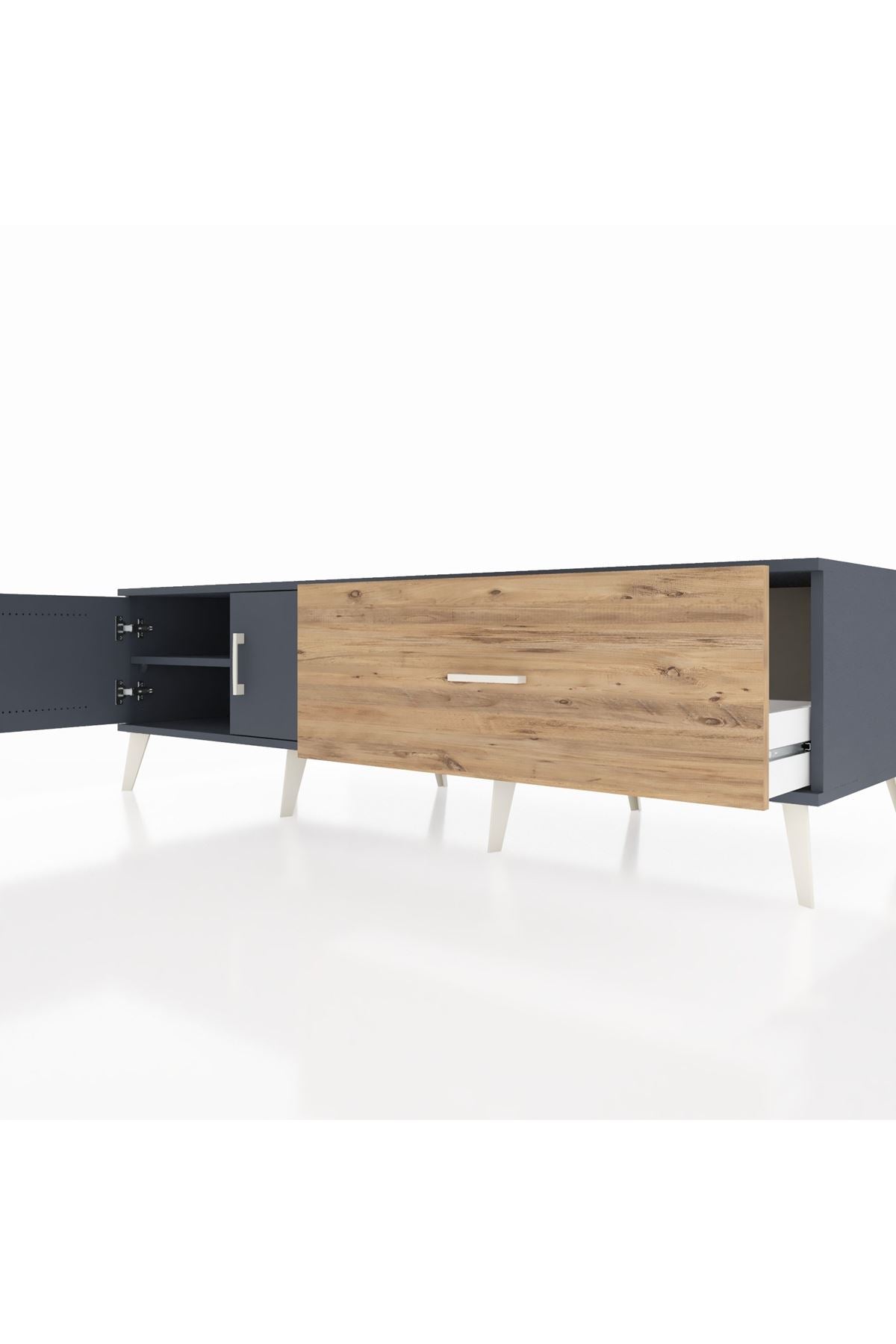 Kronos TV Ünitesi Tek Raflı Tek Çekmeceli 2 Kapaklı 176x59x51 Antrasit-Antrasit/Çam