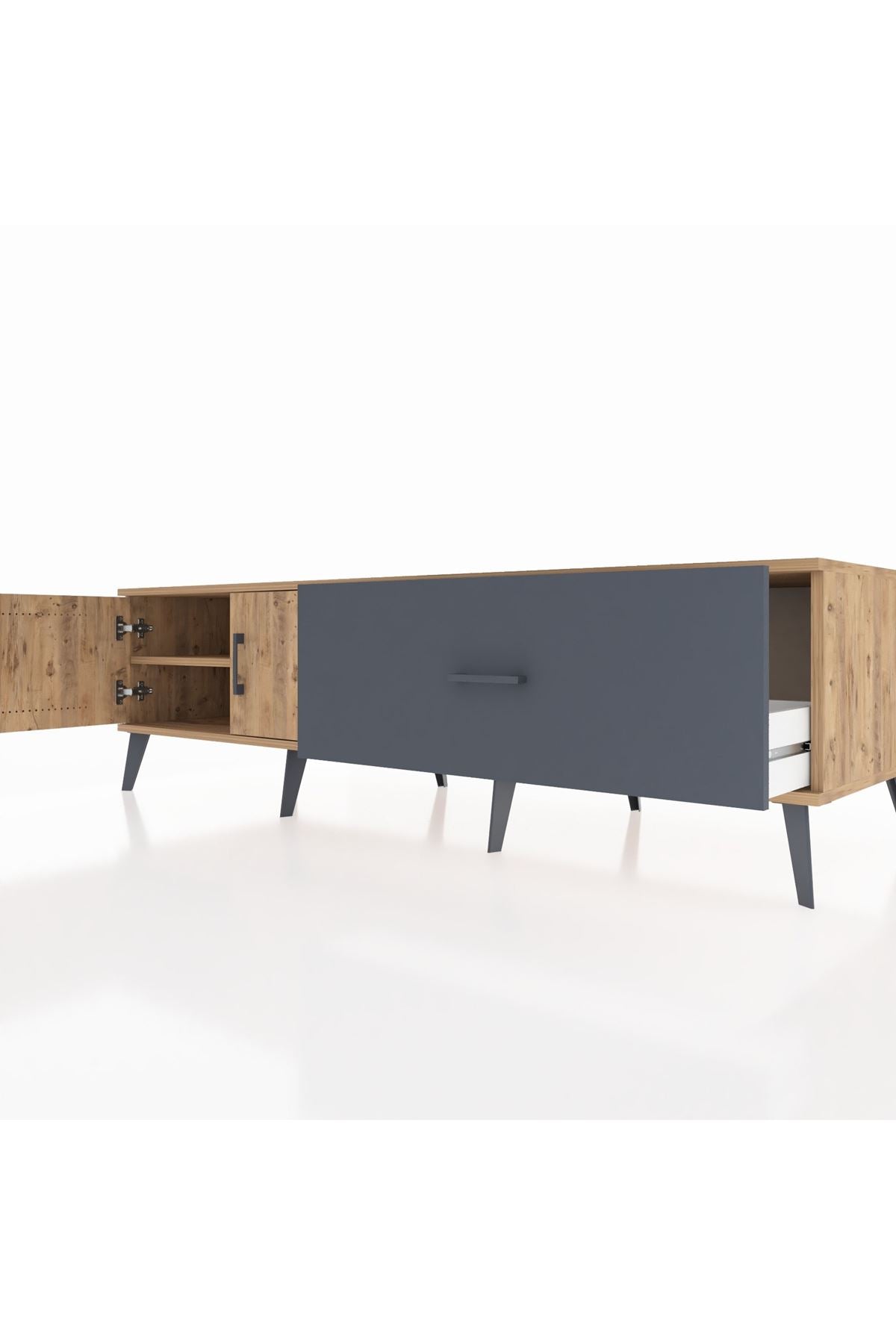 Kronos TV Ünitesi Tek Raflı Tek Çekmeceli 2 Kapaklı 176x59x51 Çam-Çam/Antrasit